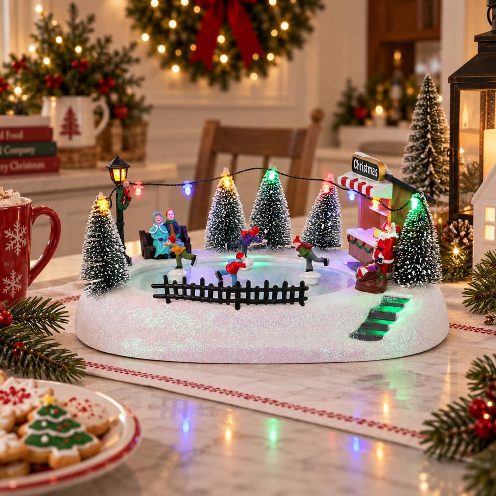 MEETYAMOR Weihnachtsdorfhaus, animierter Eislaufteich mit 4 beweglichen Skatern Schneeszene, beleuchtete Weihnachtslaufbahn für Zuhause, Innenbereich, Tischsims, musikalische Sammlergebäude, Dekor