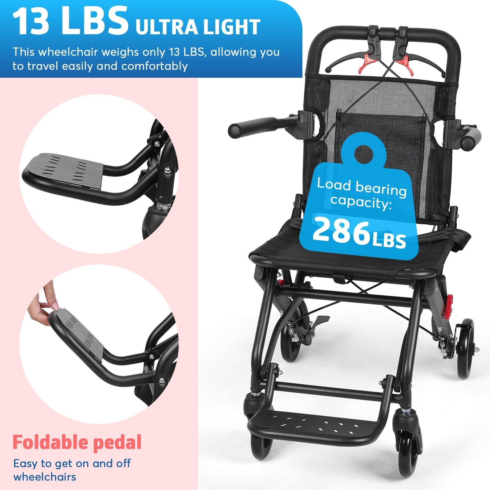 Wózek inwalidzki transportowy dla seniorów, przenośny składany wózek inwalidzki lekki (tylko 5,9 kg) z wysokim paskiem bezpieczeństwa torba projektowa dla dorosłych niepełnosprawnych krzesła dla osób
