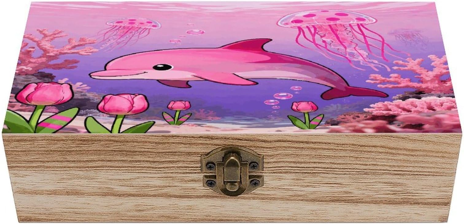 Pink Sea Creatures Flowers Storage Box Rectangular Wooden Decorative Case Large Capacity Jewelry Boxes with Lock Vintage Keepsake Organizer for Photos Pearl Trinkets Crafts