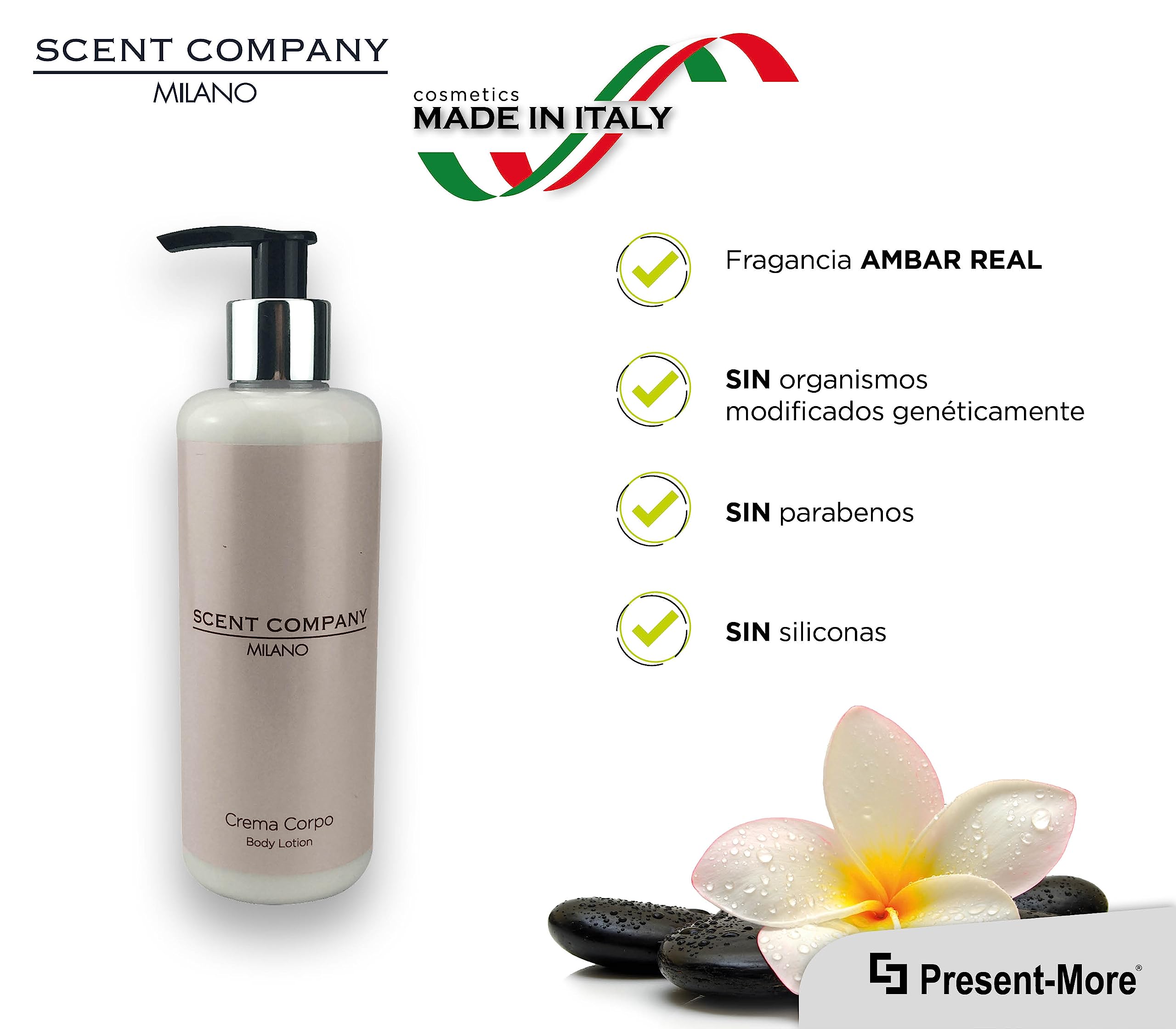 Present-More Crema corporal 300ml Scent Company Milano - Crema cuerpo 15 unidades para Hoteles y B&B | Crema cuerpo con fragancia Ámbar Real