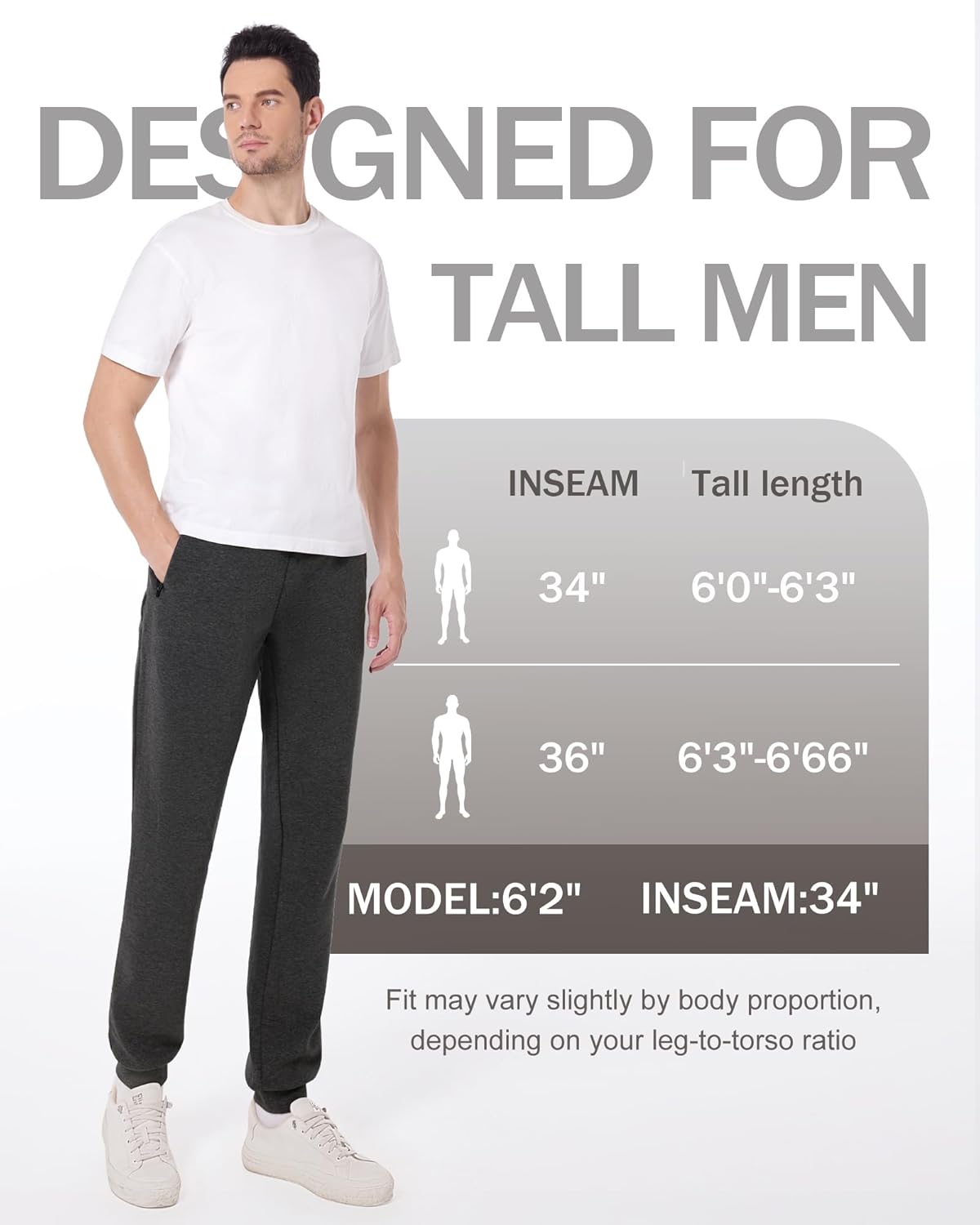 34"/36" Inseam Mens Tall Joggers Sweatpants Extra Long Workout Pants for Tall Men with Zipper Pockets - Image 4