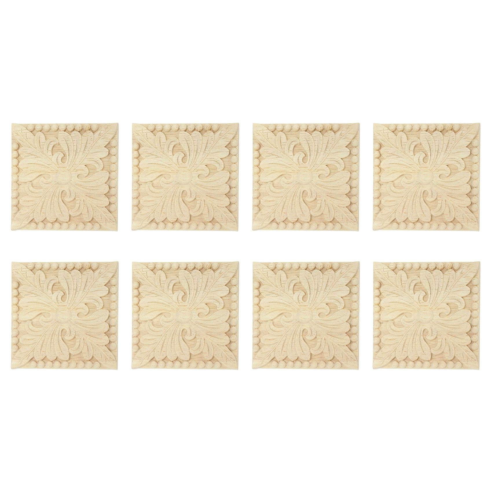 Vjsujehgy 8X Natural Wood Appliques Square Flower Carving Decals Decorative Wooden Mouldings 10x10cm