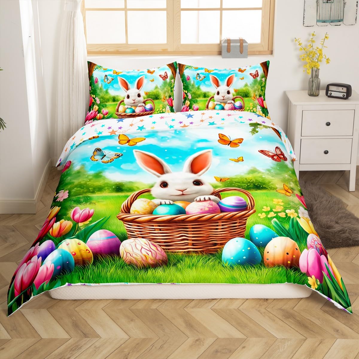 Happy Easter Duvet Cover Set Toddler Size,Cartoon Bunny Rabbit Cute Animal Rustic Bedding Set,Boys Girls Room Decor,Easter Eggs Tulip Flowers Comforter Cover,Green Quilt Cover,1 Pillowcase(No Filler)