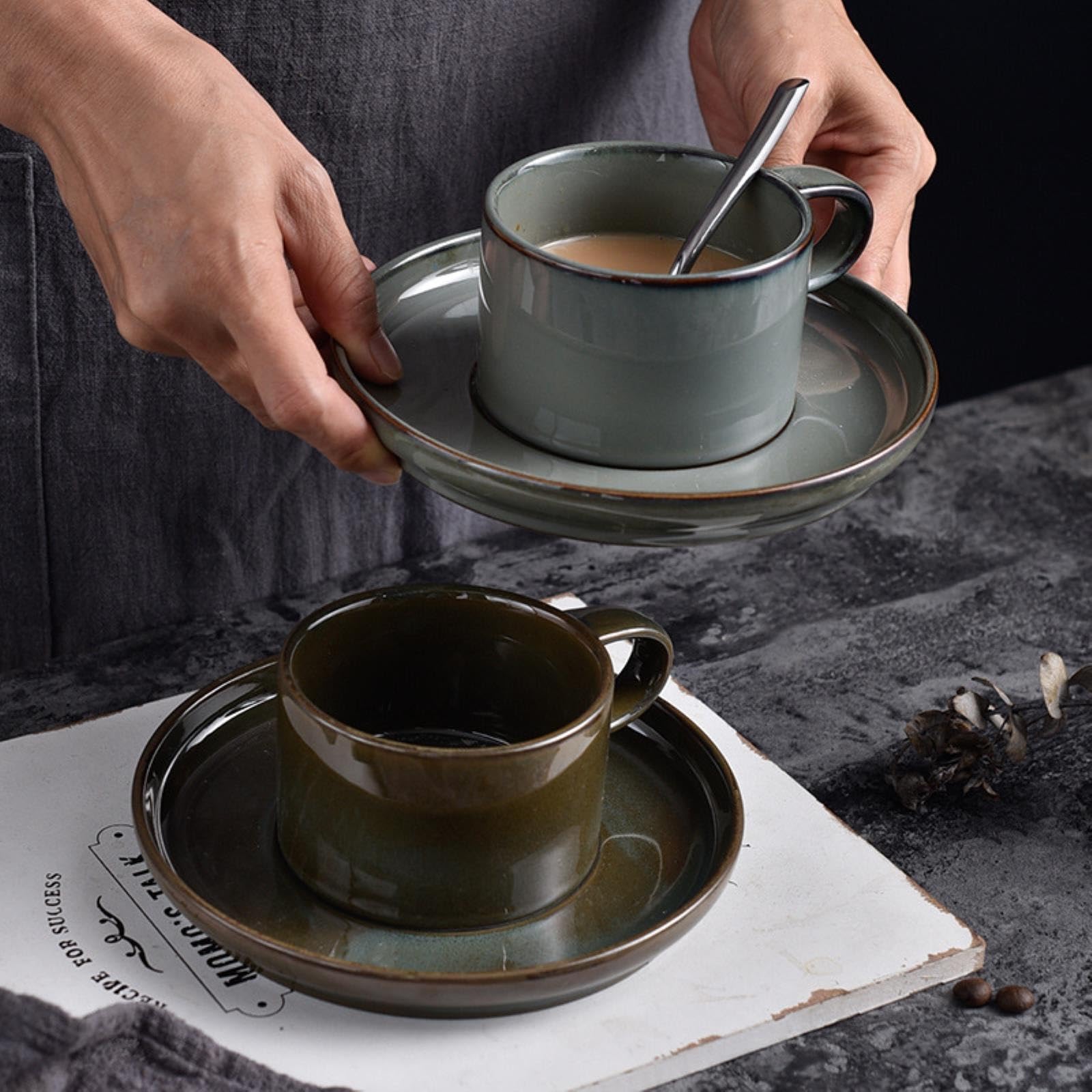 Amazon.com | 200ml/7oz Japanese Retro Ceramic Coffee Cup And Plate Set,  Creative And Simple Coffee Cup-ash: Espresso Cups