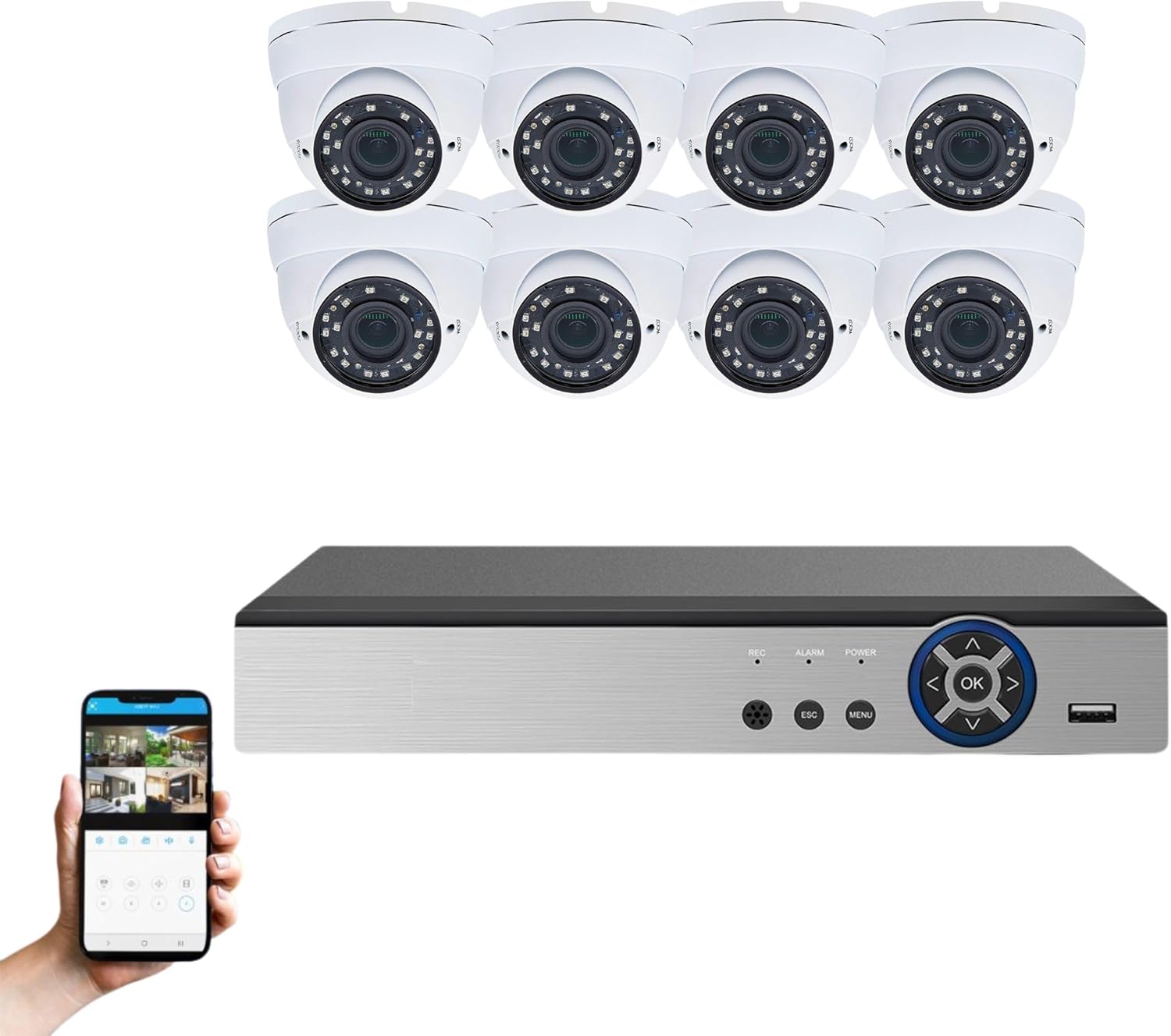 Evertech 8 Channel High-Definition Security Surveillance System 2TB Hard Drive 1080P Indoor Outdoor 2.8-12mm Varifocal Lens Dome Cameras