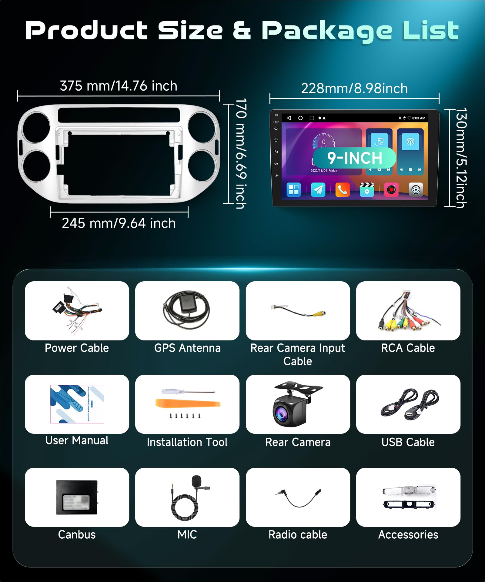 2G&64G VECHTEL 9"Autoradio per VW Tiguan 2010-2015 con Carplay Android Auto Wireless, Android 13, touchscreen Bluetooth RDS/FM Radio, Wi-Fi Navigazione/Telecamera posteriore AHD/CANBUS