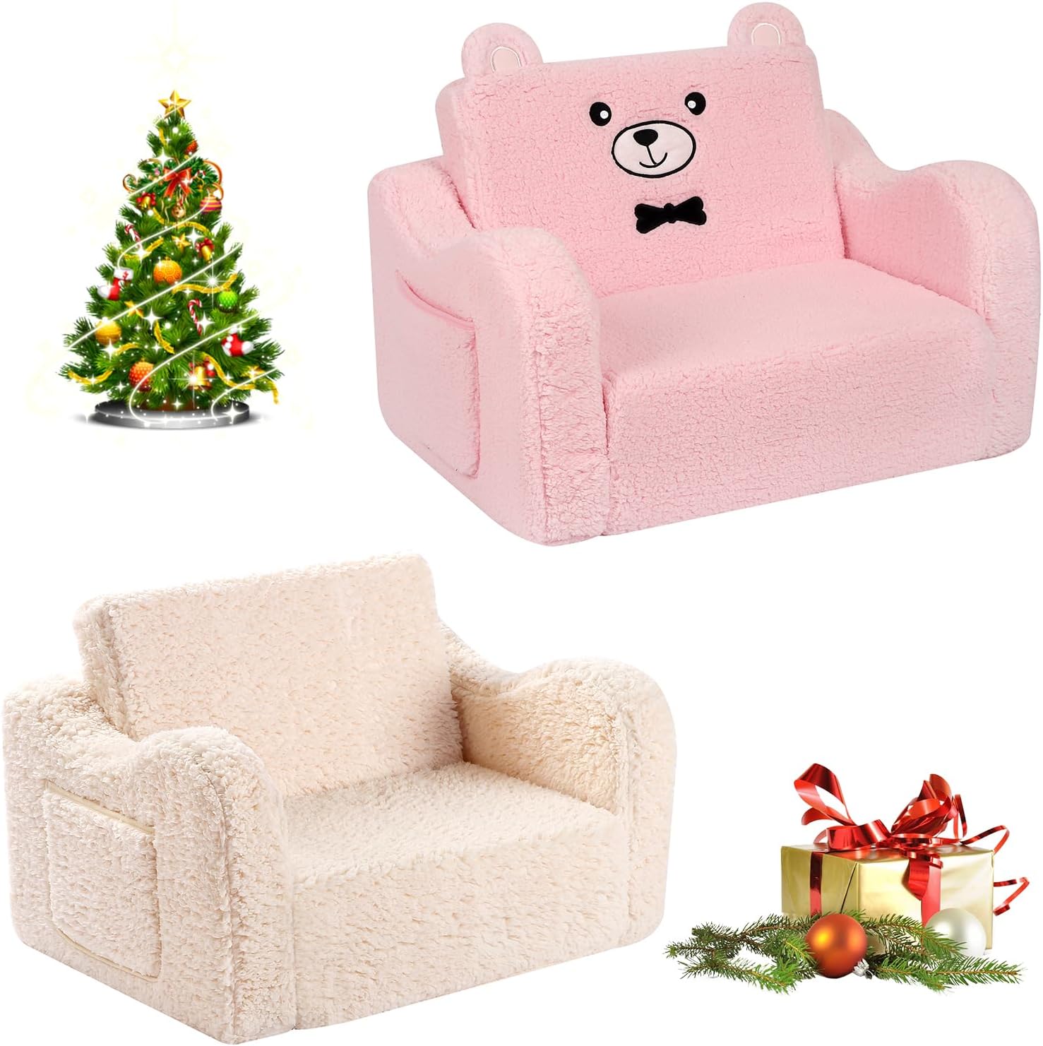 2-in-1 Toddler Soft Sherpa Couch Fold Out, A Nap Bed for Toddlers, Grey and Teddy Bear Pink