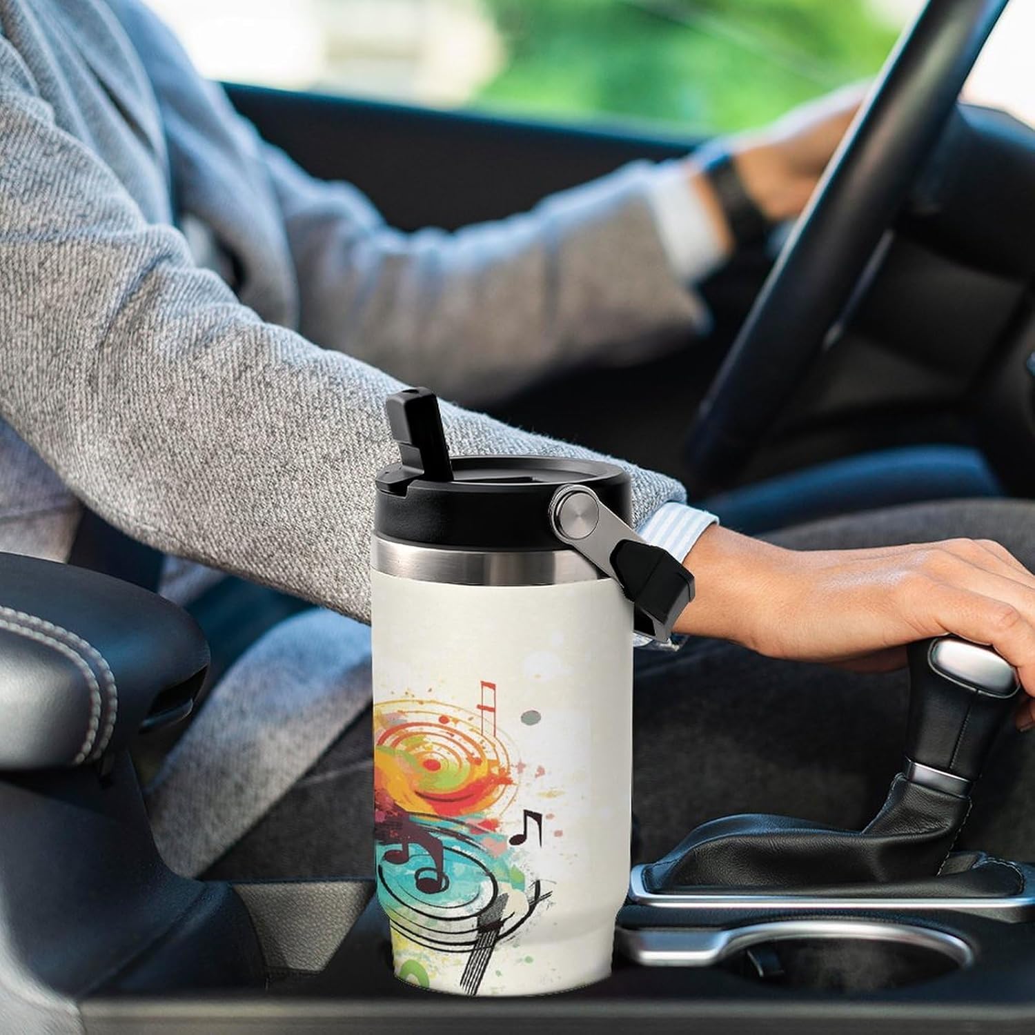 Abstract Music Themed Water Bottle 30 Oz Fits Car Cup Holder,Insulated Coffee Mug Large Capacity Car Cups,Stainless Steel Double Wall Sport Bottle for Travel Sports Gym