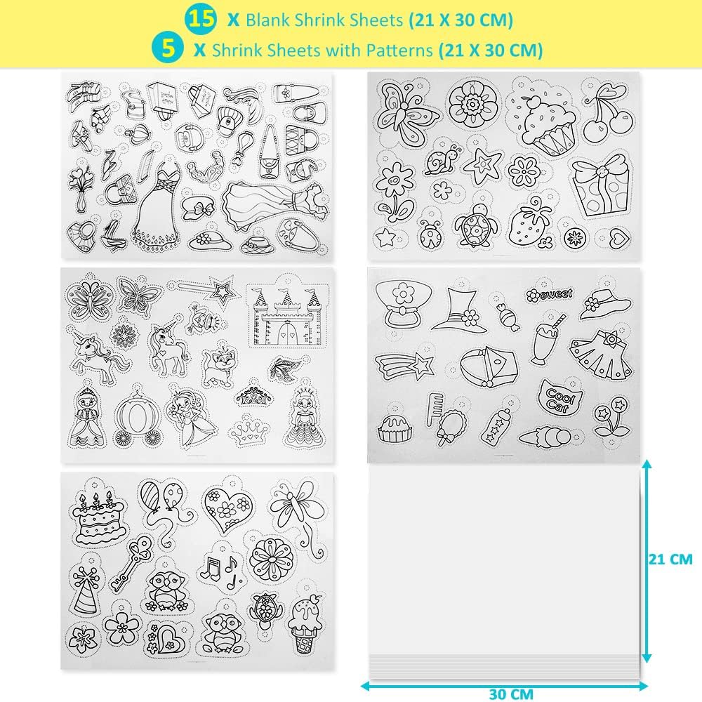 CGBOOM 198 PCS Shrink Plastic Kit, Including Shrinking Plastic Sheets Blank 15 PCS and Shrink Film Sheets with Pattern 5 PCS, Pencils, Hole Punch, Keychains Accessories for DIY Creative Crafts