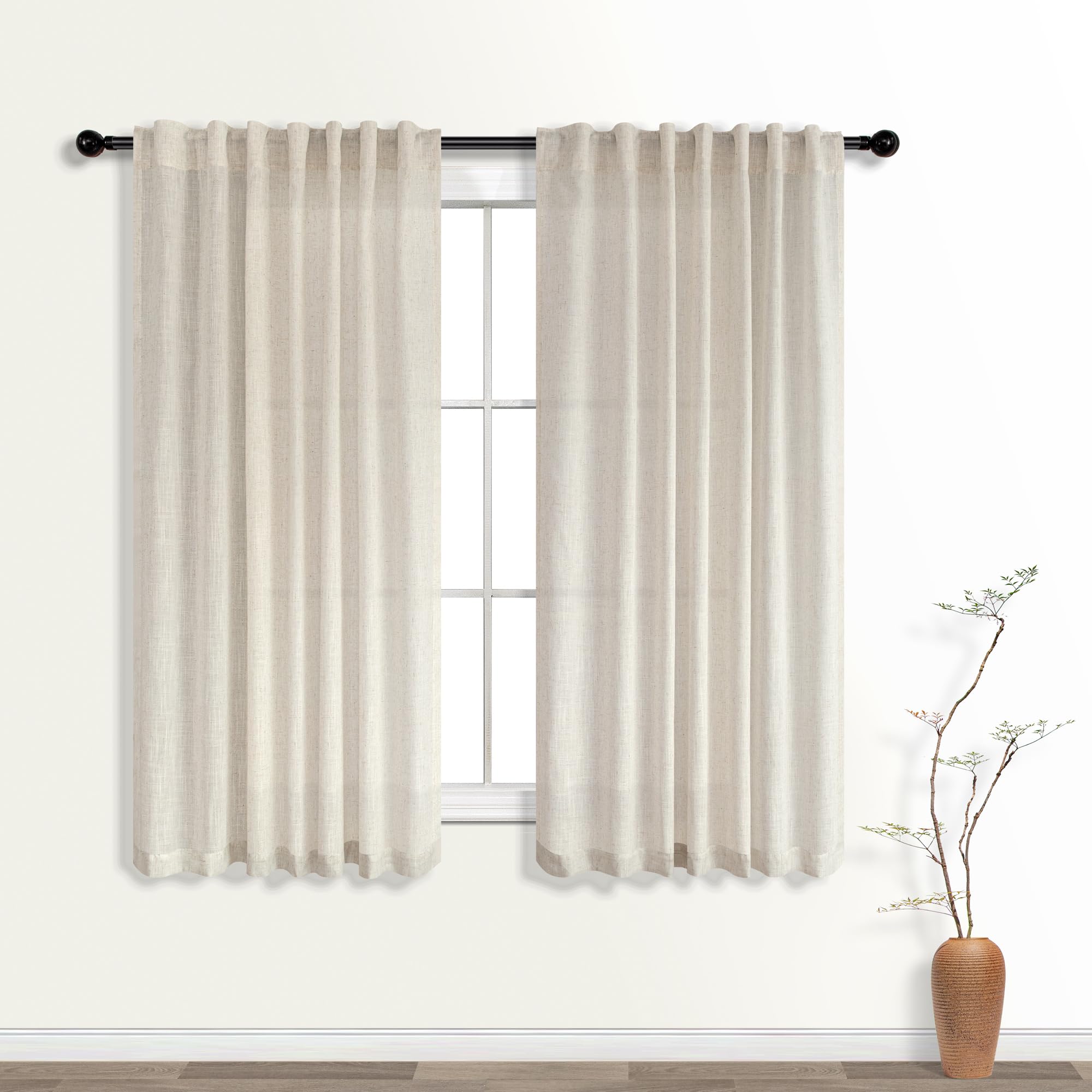 KOUFALL Linen Back Tab Rod Pocket Linen Sheer Curtains 52x54 Inches Long for Living Room