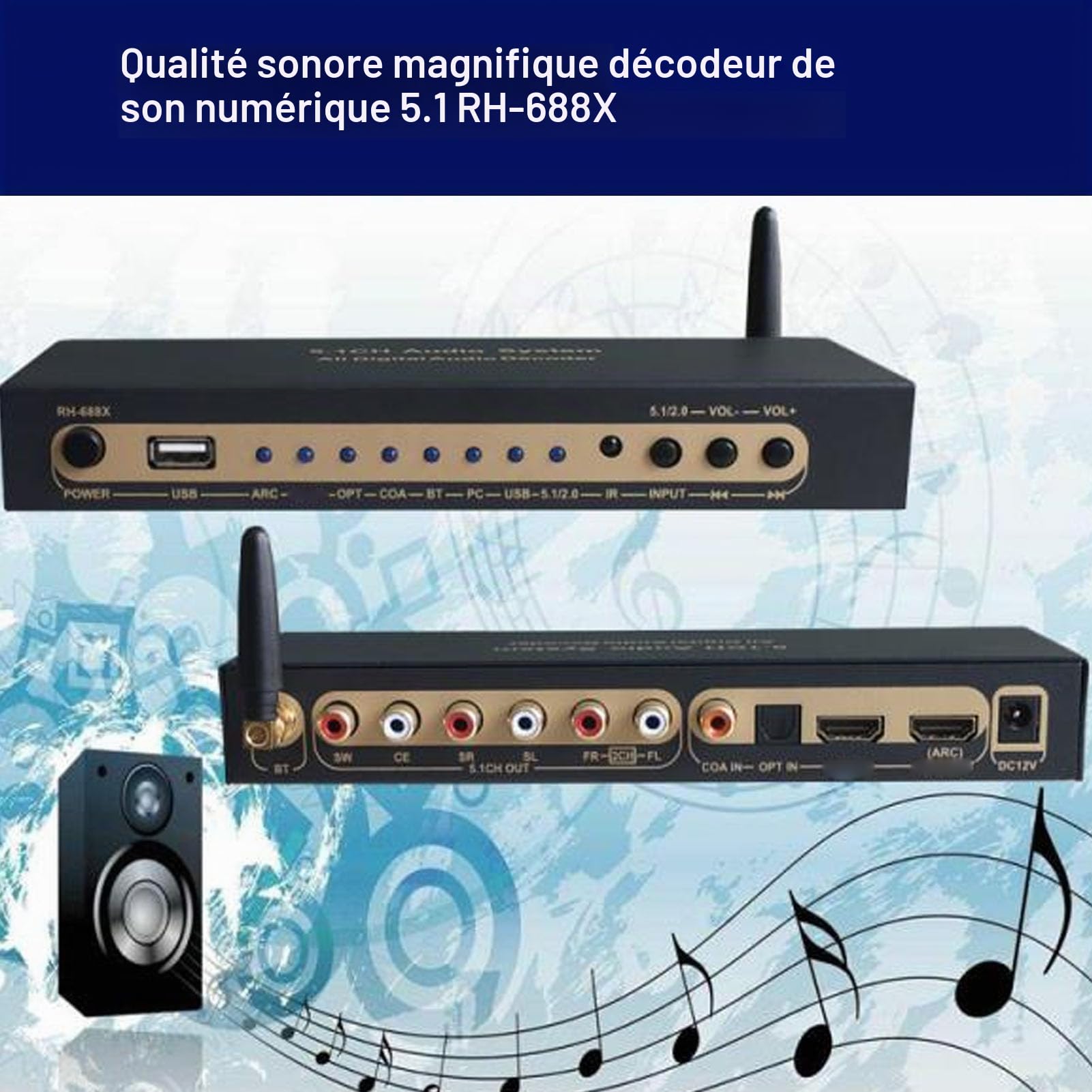 Décodeur Audio, Système Audio Numérique HDMI 5.1CH 192 KHz/24 Bits, Décodeur Audio Numérique, HDMI 4K Arc Fibre Optique Coaxiale Bluetooth Dolby AC3 DTS vers Analogique (Prise UE)