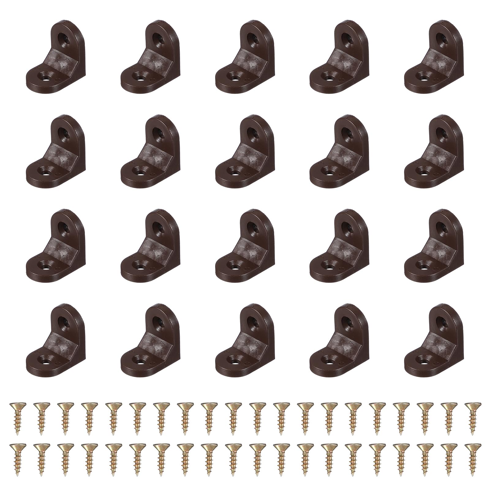 sourcing map 50pcs Plastic l Brackets 0.7"x0.9" (16.6x23.1mm) Small Round l Shape Bracket 90 Degree Right Angle Corner Brace with Screws for Shelves Wood Cabinet Chair Drawer Fence, Brown