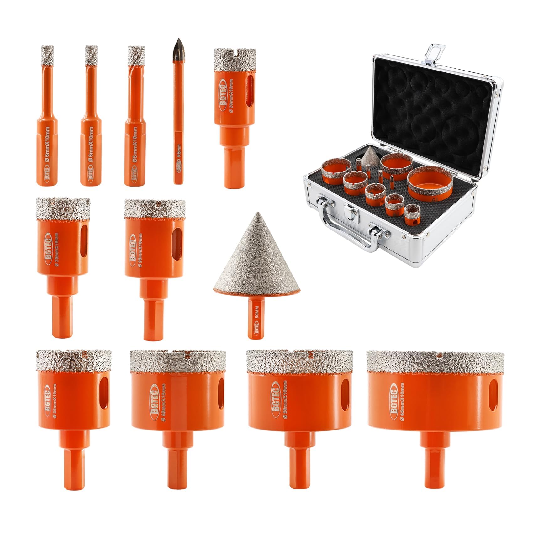 BGTEC Frese per Piastrelle - Punte Diamantate 6/6/8/20/25/28/35/45/50/65mm + punta smussatrice 50mm + punte trapano in carburo per Piastrelle, Ceramica, Marmo, Granito, Pietre Naturali(12 Pezzi)