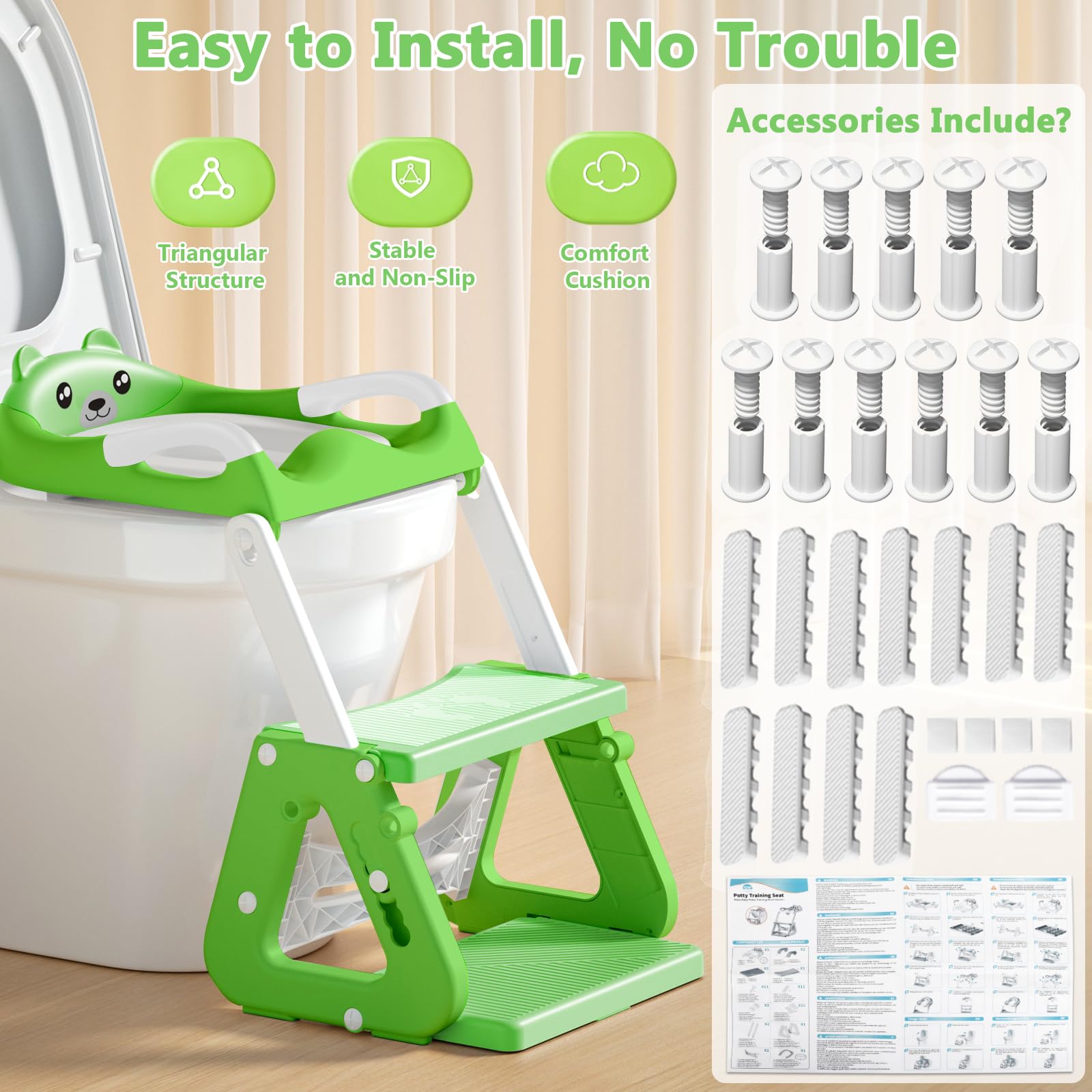Réducteur Toilette Enfant, Stabiliser Rehausseur Toilette Enfant avec Structures Triangulaires, Adaptateur Toilette Enfant 2 en 1, Pliable et Réglable,Adapté aux Toilettes en Forme de V, U, O