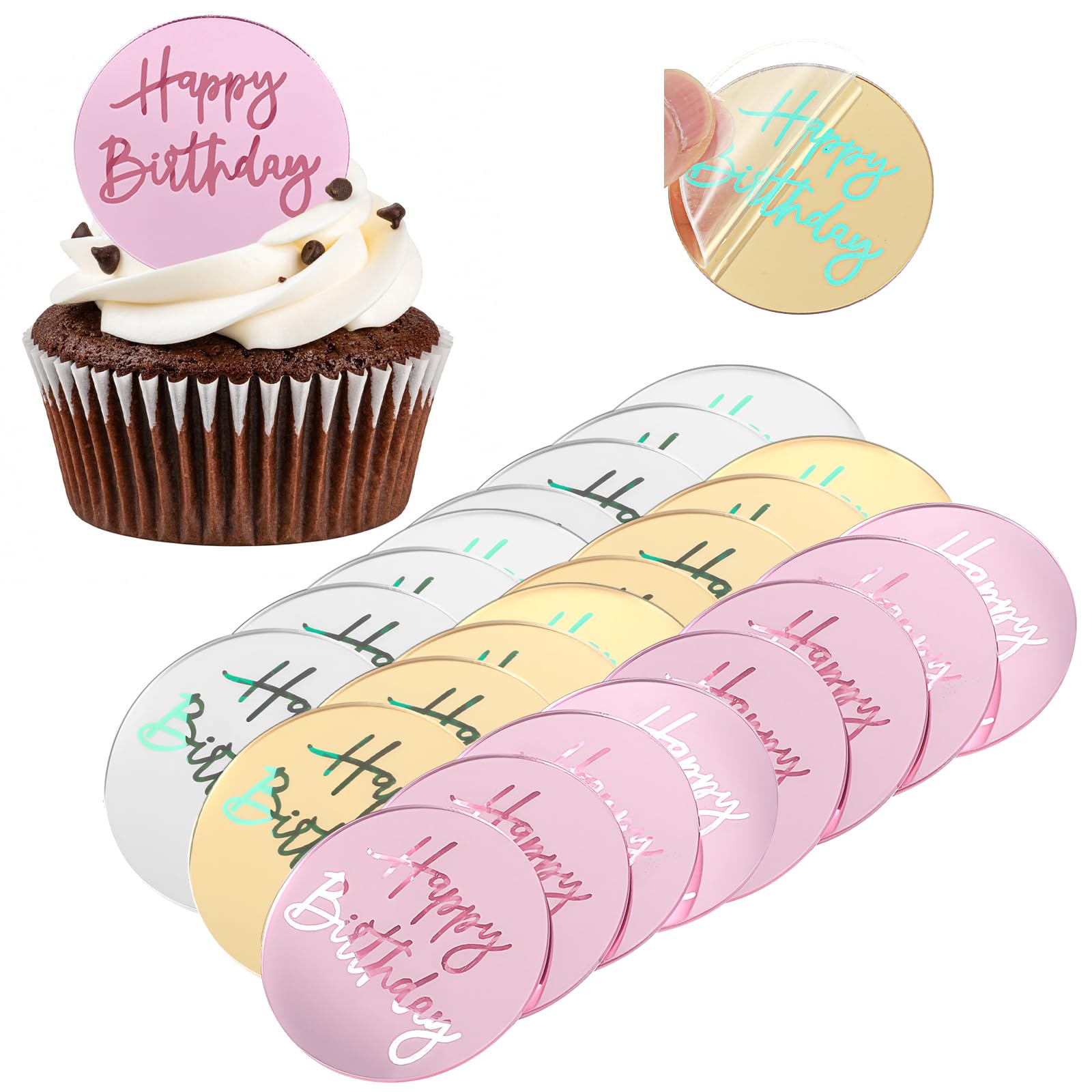 Ouligay 24 PCS Mirror Happy Birthday Cupcake Toppers Round Acrylic Birthday Cake Toppers Engraved Happy Birthday Cake Toppers for Party Anniversary Pastries Decorations 3 Color
