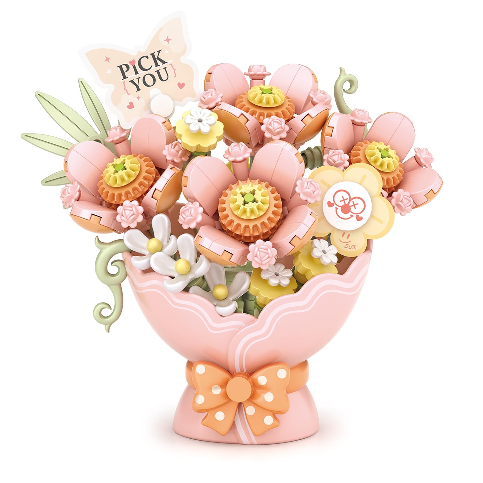 MEIEST Flower Bouquet Building Blocks Set,Mini Bricks Bonsai Collection Construction Building Toy,Creative DIY Artificial Flowers for Valentine's Day,Home Decor (Pink)