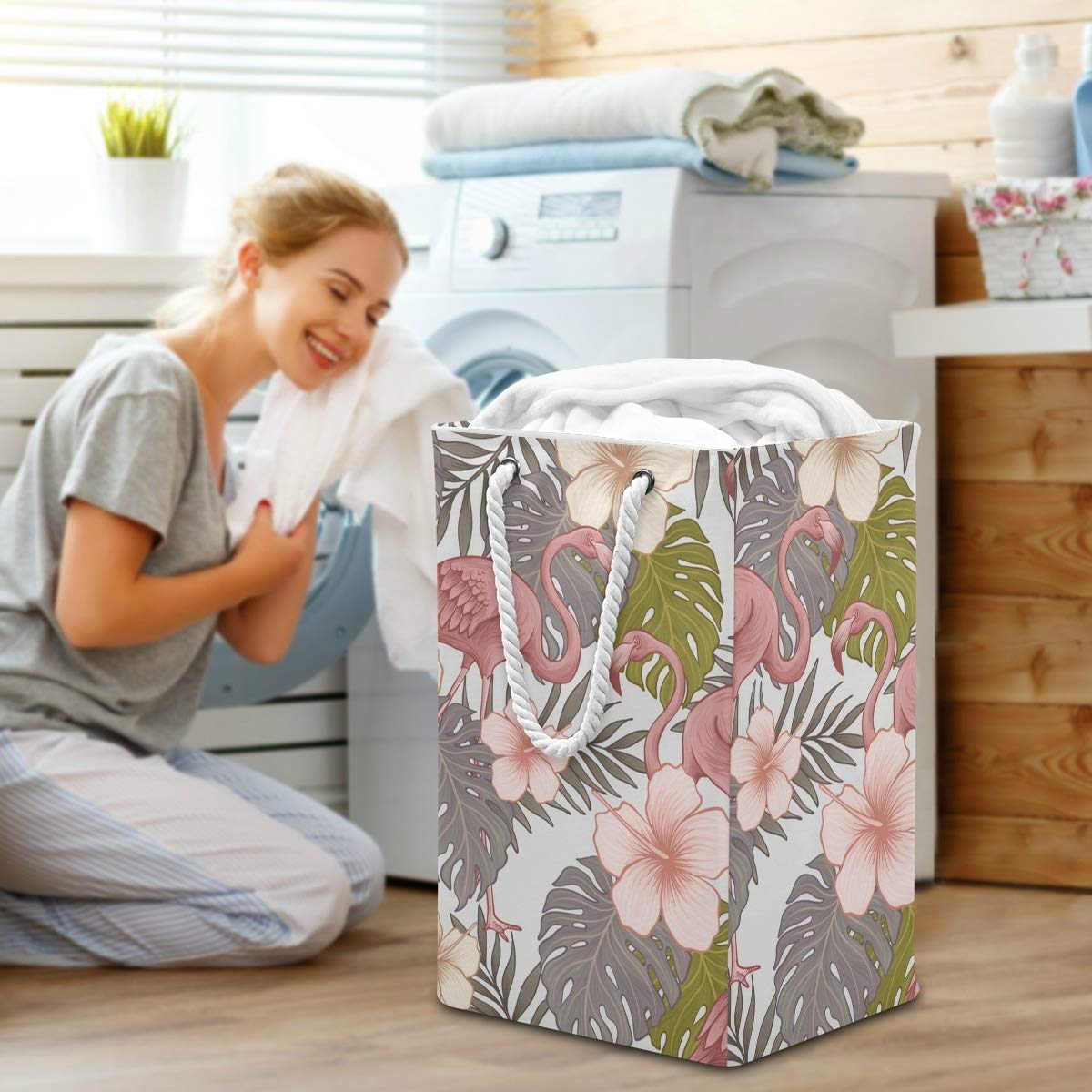 Großer Wäschesack mit tropischen Blumen, Flamingo, freistehend, faltbar, mit Tragegriffen