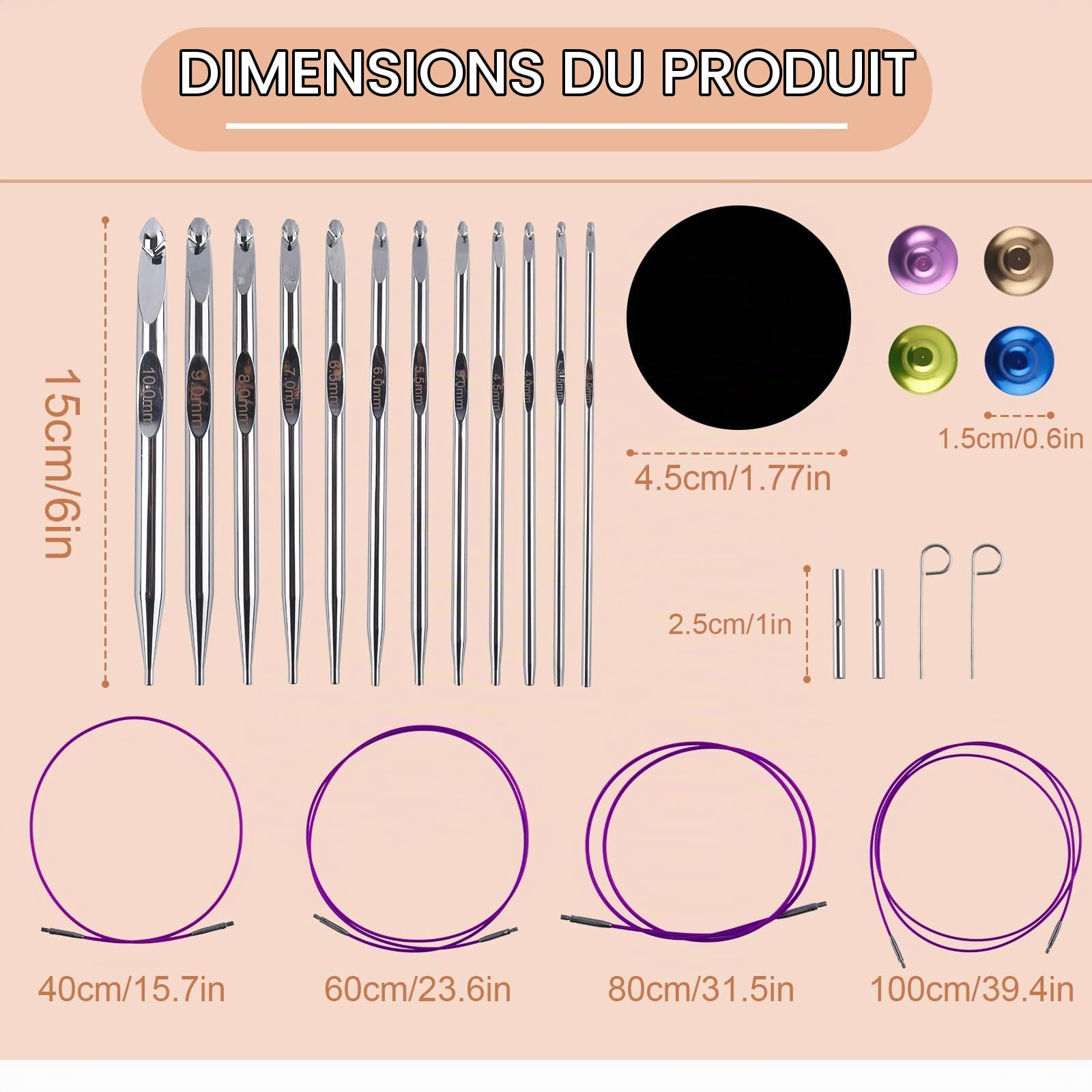 Gosknor Crochet Tunisien avec Cable, en Aluminium Aiguilles à Tricoter Interchangeables Tricot Kit 3 mm-10 mm Crochets Longs avec Étui pour Projets de Tissage Tricot et de Crochet
