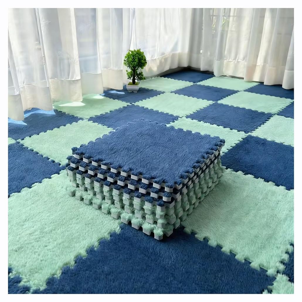 12-teilige ineinandergreifende Schaumstoff-Bodenmatte, Puzzle-Fliesen mit Bordüre, weicher Teppich für Wohnzimmer & Schlafzimmer (grün & marineblau, 20 Stück) – ideal für Kinder & Spielbereiche