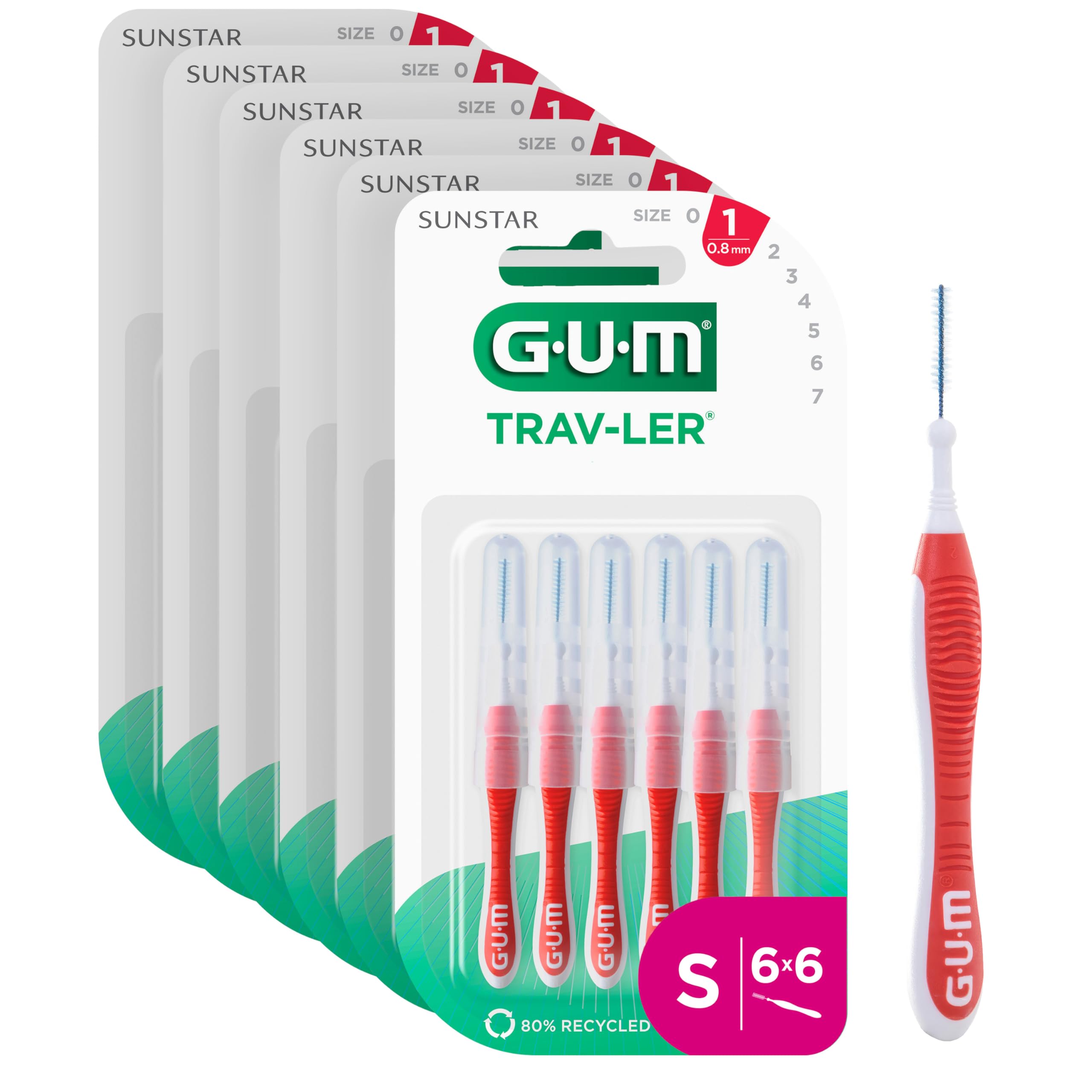 GUM TRAV-LER,Cepillos interdentales para una limpieza profunda de todos los espacios interdentales, cuello flexible, limpieza de dientes y eliminación de placas, 6x6 unidades (ISO 1, 0.8 mm [36])