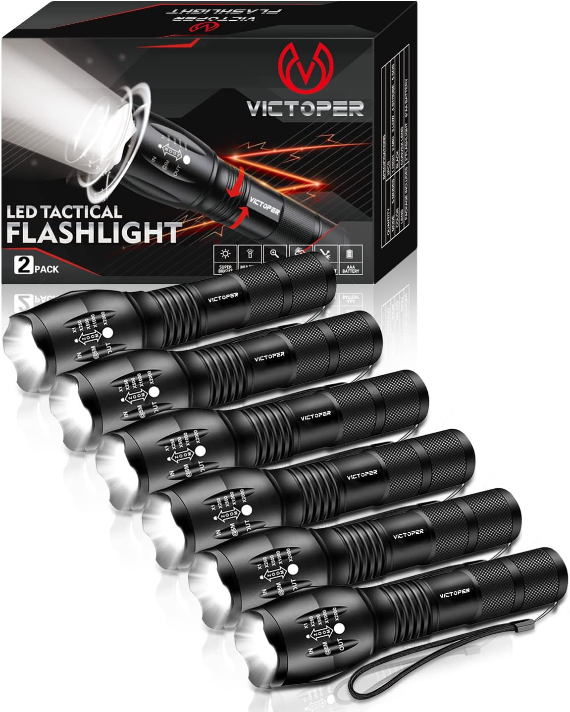 Victoper LED Flashlight 6 Pack, Bright 2000 Lumens Tactical Flashlights