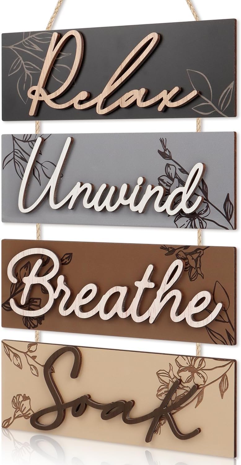 HPNIUB 3D Farmhouse Bathroom Decor, Bathroom Sign Relax Soak Unwind Breathe Wood Hanging Plaque