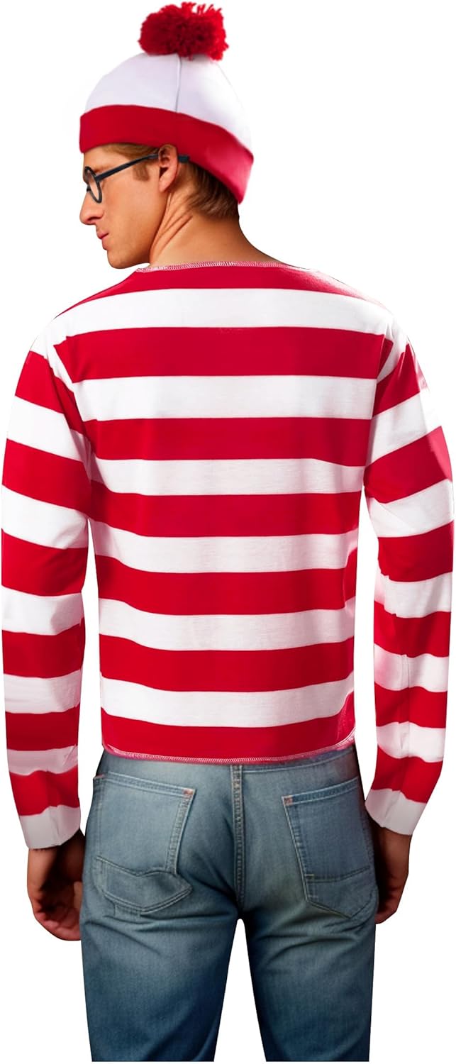 Adult Red and White Striped Shirt Outfit Halloween Cosplay Costume Shirt Hat Glasses Suits - Image 2