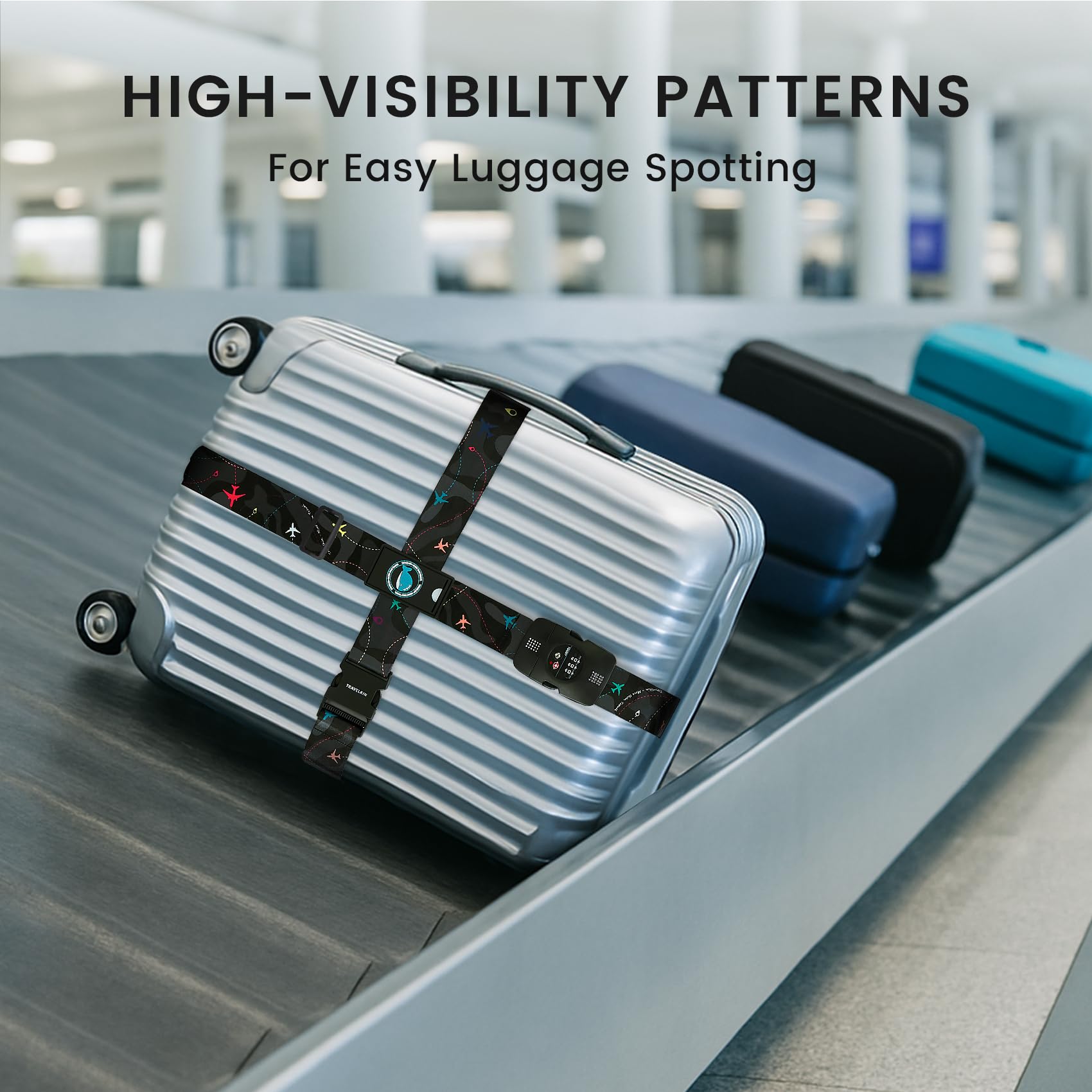Travelkin - Cinghie per bagagli approvate dalla TSA, regolabili, incrociate, con lucchetto TSA, fibbia rinforzata, motivo unico, resistenti, per viaggi (motivo aereo, nero)