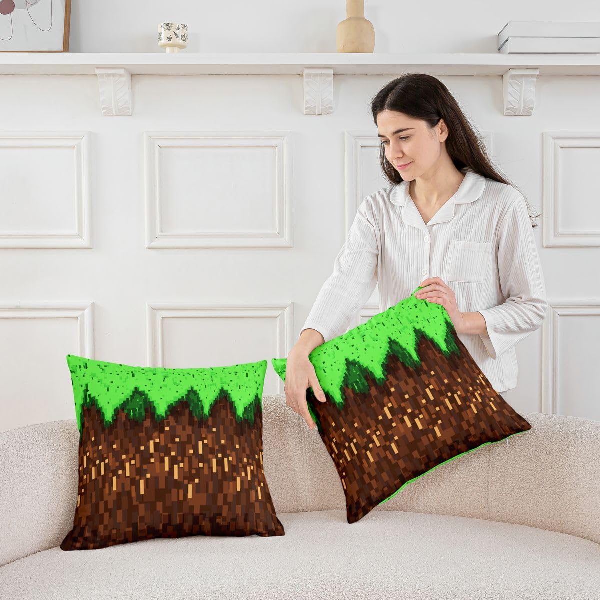 Manfei Pixelated Game Kids Throw Pillow Cover,Video Games Gamepad Abstract Double Sides Pillow Case,Gaming Geometric Square Home Decor,Green Brown Bed Couch Sofa Cushion Cover,2 Pack 18"x18" image 4