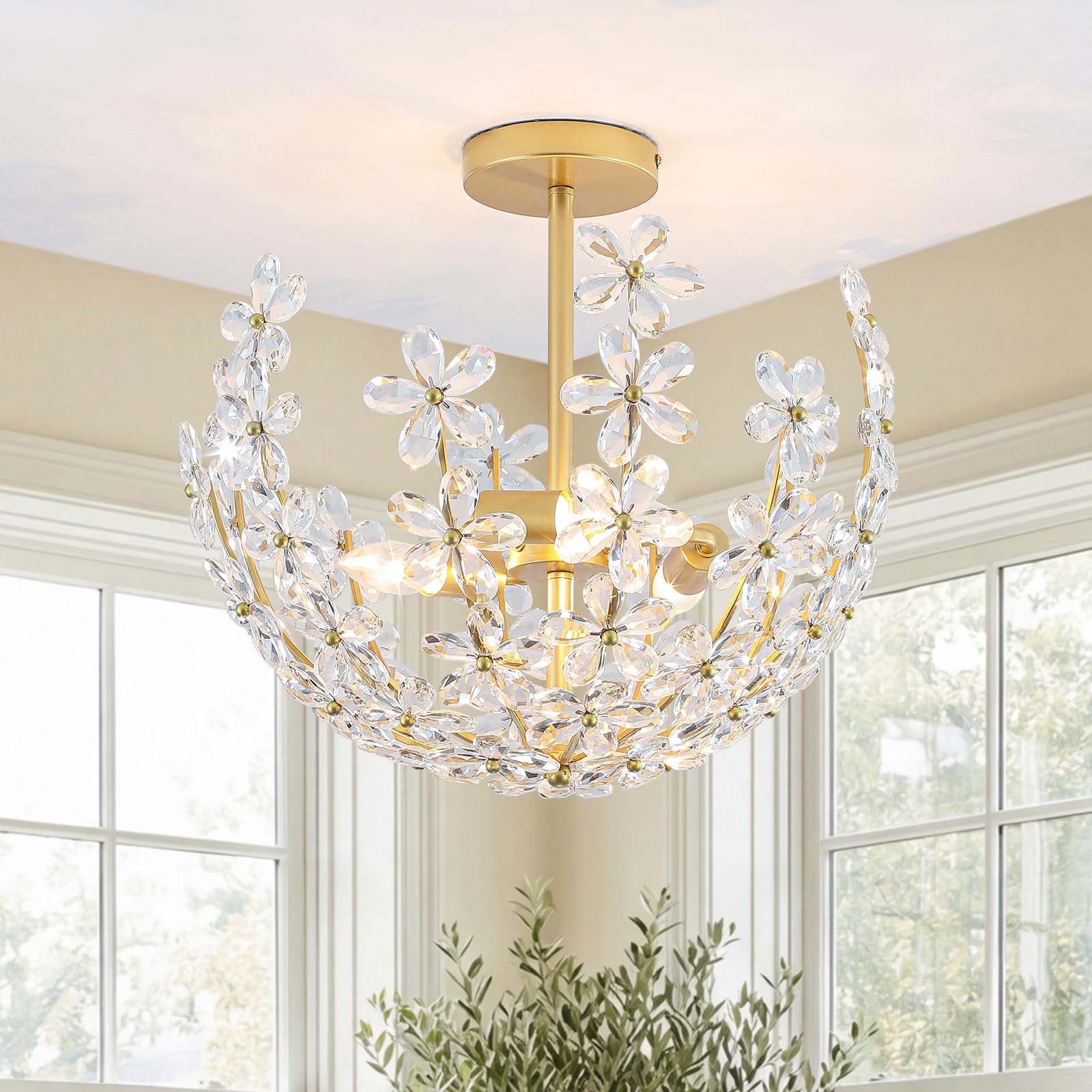 JHLBYL Clear Glass Ceiling Light Fixture 3 Light Handmade Art Floral-Shaped Gold Ceiling Lightwith E14 Dimmble Bases, Glass Semi Flush Mount Lighting for Bedroom Kitchen Bathroom Hallway