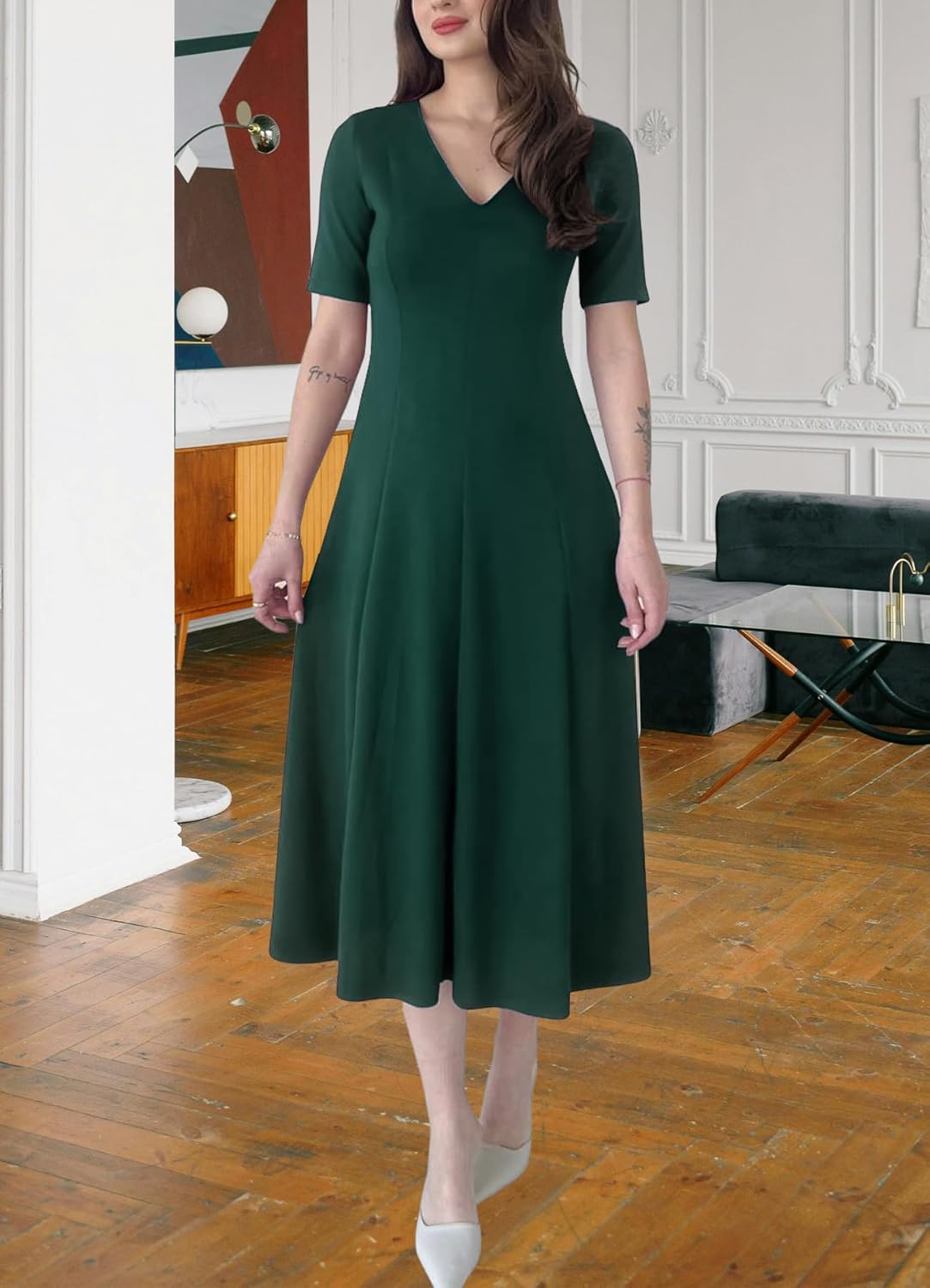 Women’s Elegant V-Neck Midi Dress Short Sleeve Fit and Flare A-Line Business Work Dresses - Image 6