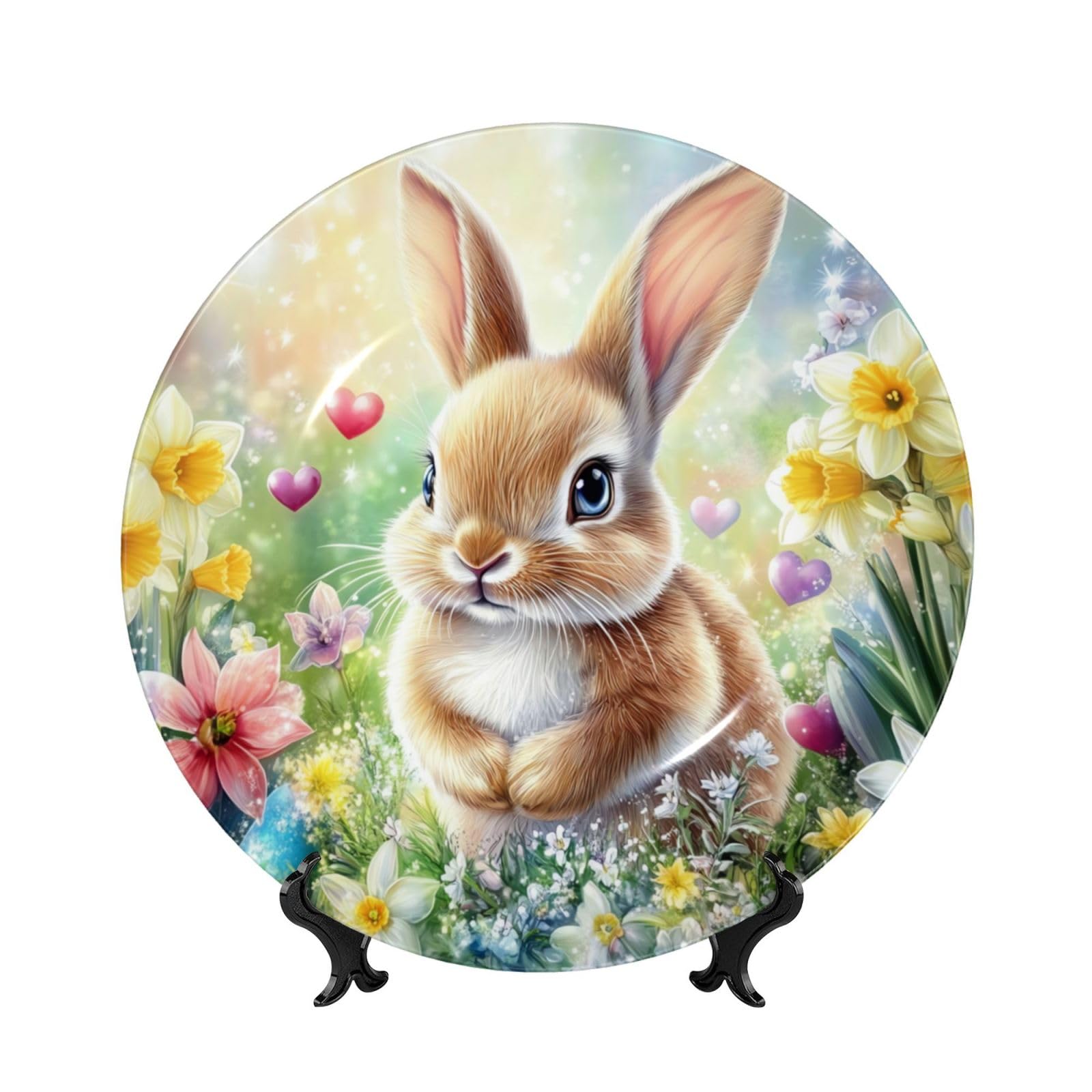 YZILDP Watercolor Easter Rabbit Ceramic Plate with Stand,8 in,Easter Day Decorative Plates for Wall Hanging Ceramic Craft for Kitchen Cabinets Dining Room Office Home Decor