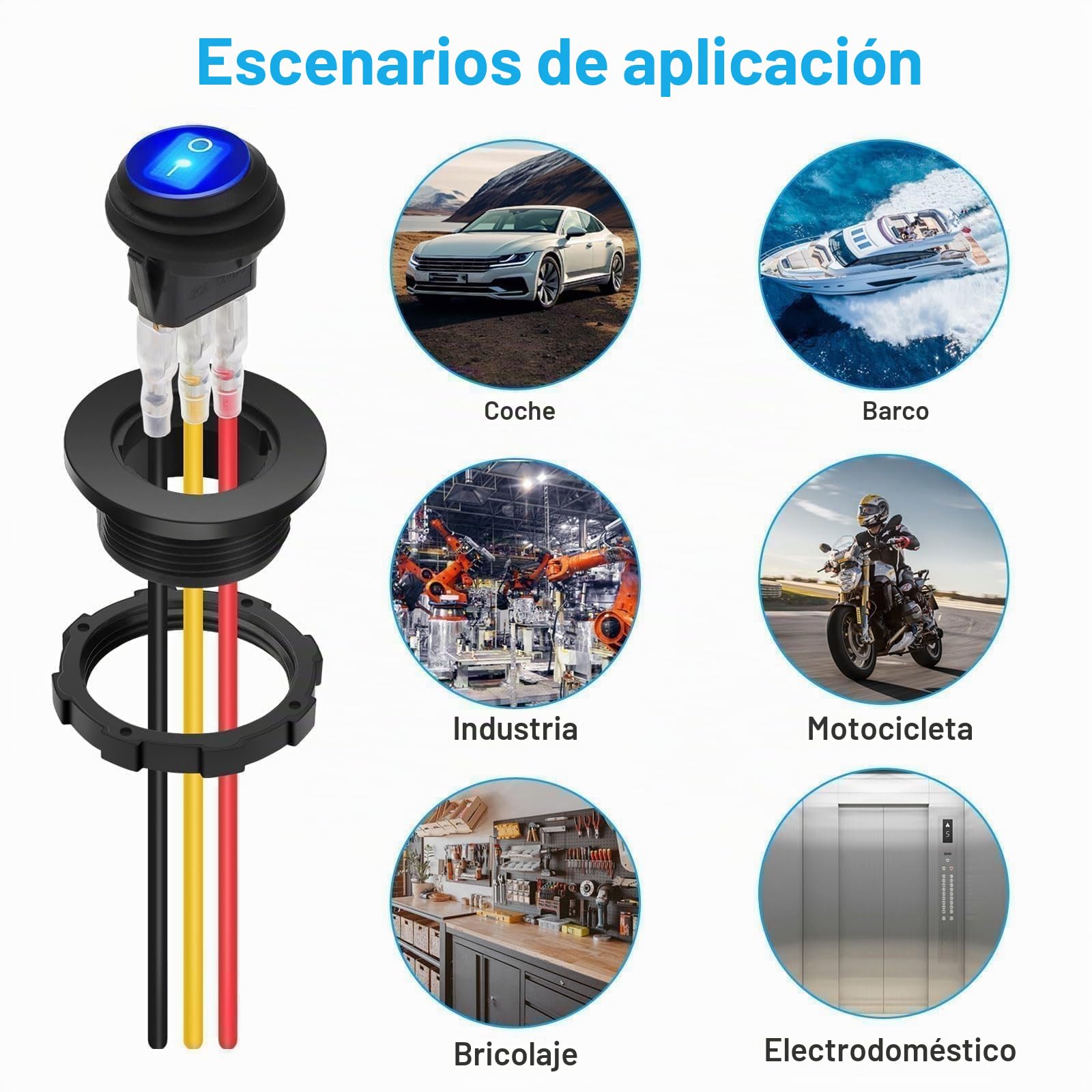 Linkstyle 4x Interruptor Basculante LED 12V 20A, Interruptor Redondo Impermeable de 3 Pines con Cable, Luz Azul, para DIY Barco Auto y Aplicaciones Marinas