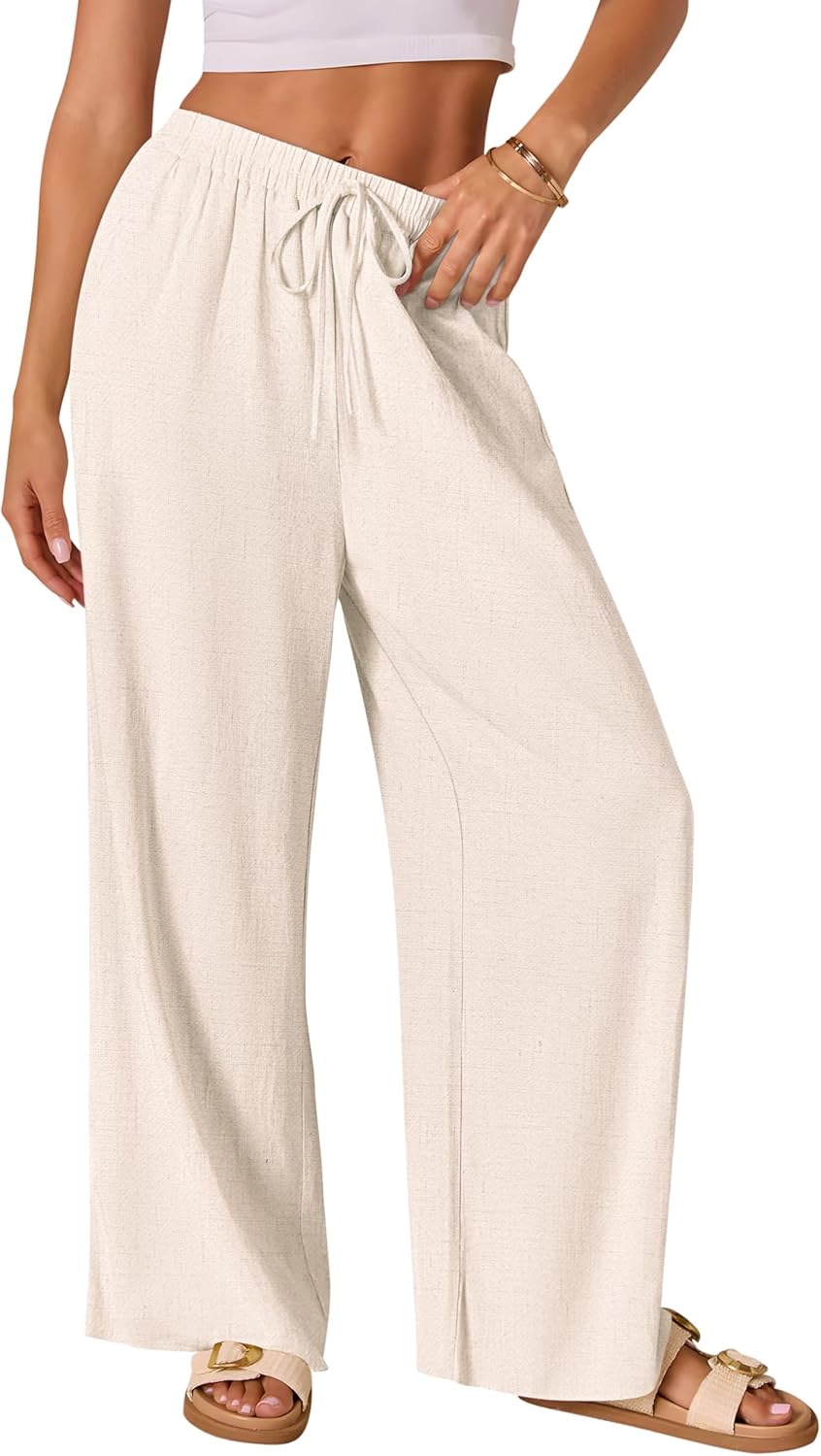 AISEW Women's Cotton Linen Palazzo Pants Drawstring Elastic Waist Casual Wide Leg Long Lounge Trousers with Pockets
