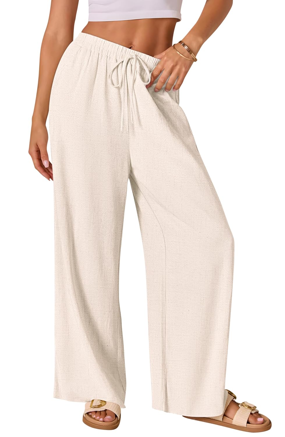 AISEW Womens Cotton Linen Palazzo Pants Drawstring Elastic Waist Casual Wide Leg Long Lounge Trousers with Pockets