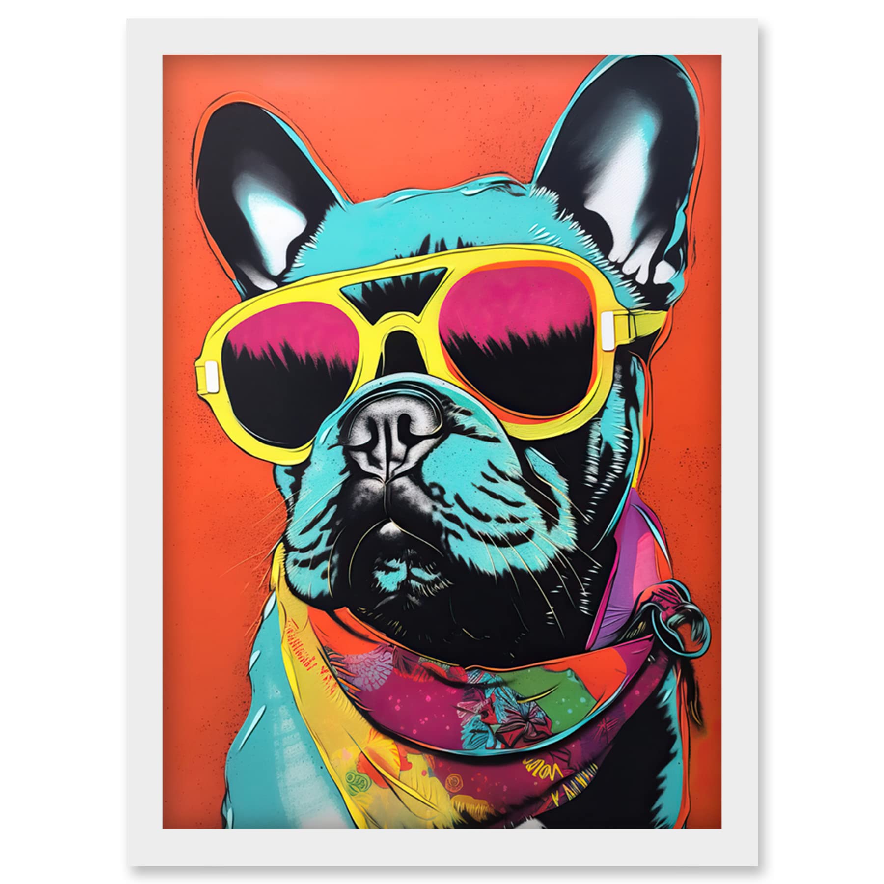 Artery8 French Bulldog Wearing Sunglasses and Bandana Artwork Framed Wall Art Print A4