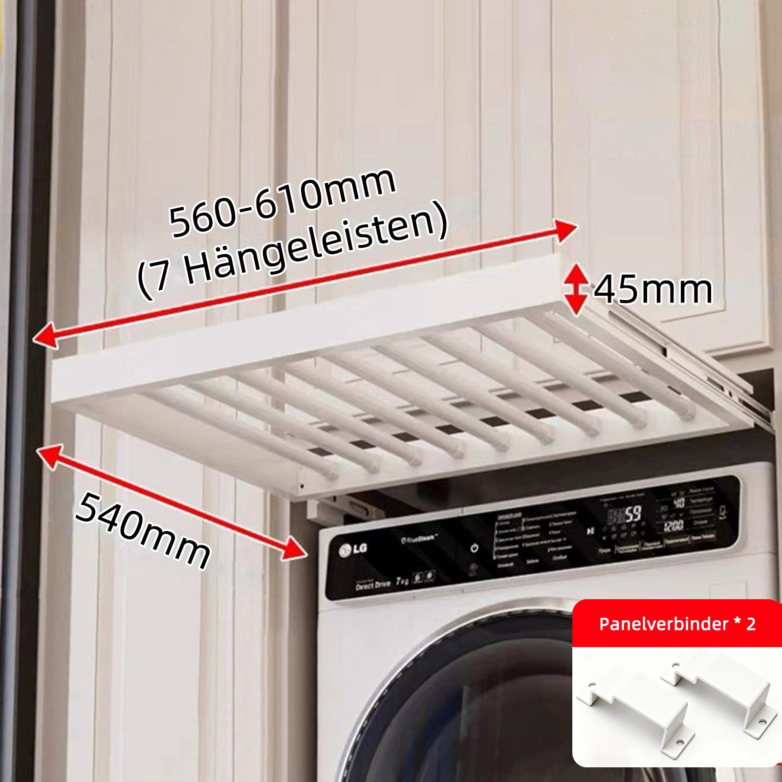 Hoconnie Versteckter Ausziehbarer Hosenhalter Platzsparend über der Waschmaschine Wand-Trockenstange aus Aluminiumlegierung Sanft-Schließen Tiefe 540mm Breite 560-610mm Weiß