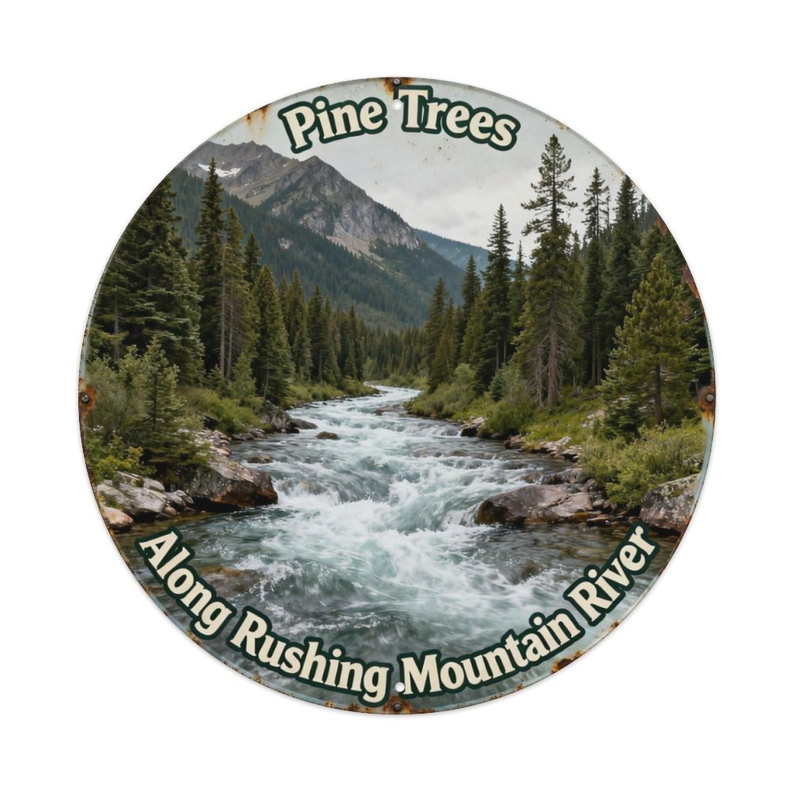 Pine Trees Along Rushing Mountain River Metal Tin Sign Plaque