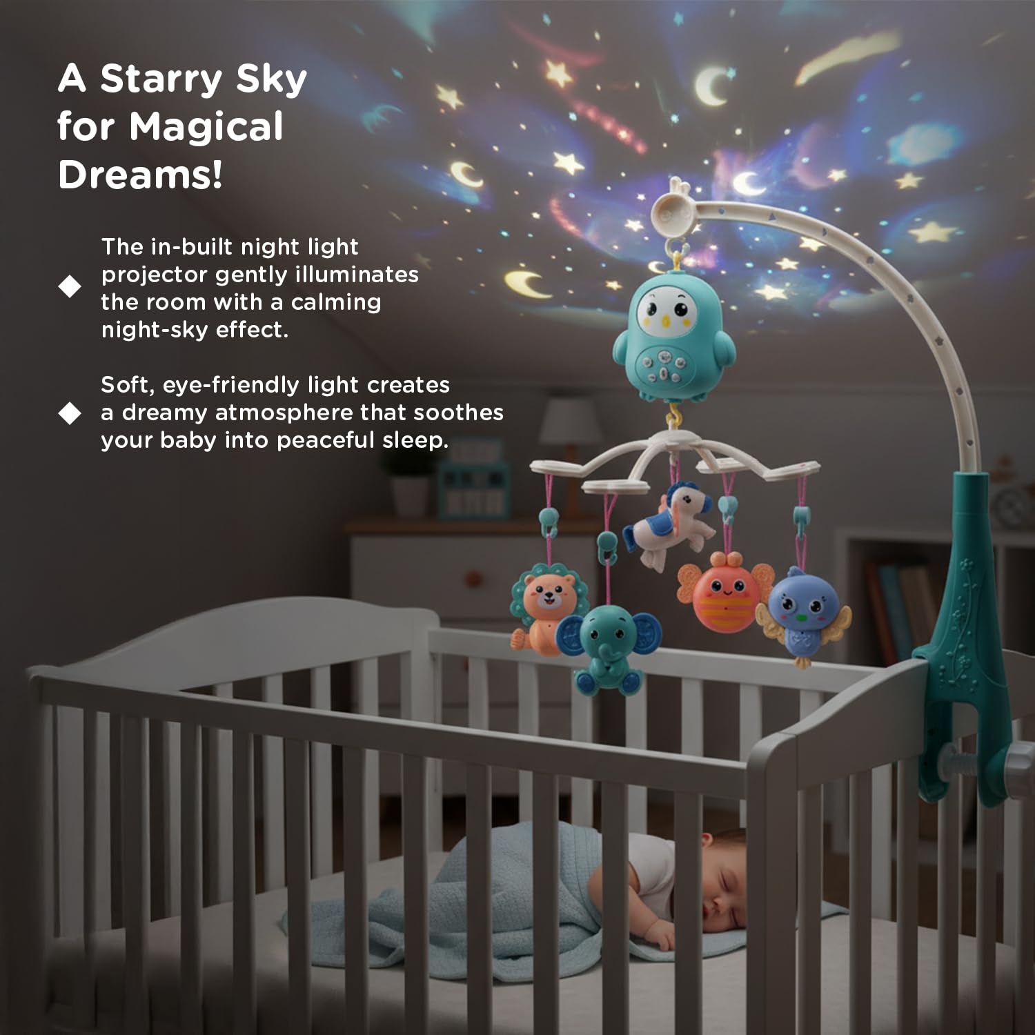 Mee Mee Musical Cot Mobile Hanger 0-2 Yrs | Nursery Decoration, Baby Shower, Birthday Gift | Baby Bed/Cradle/Crib/Cot Automatic Toy | Enhances Auditory & Visual Development (5-Toy Safari Theme) 1