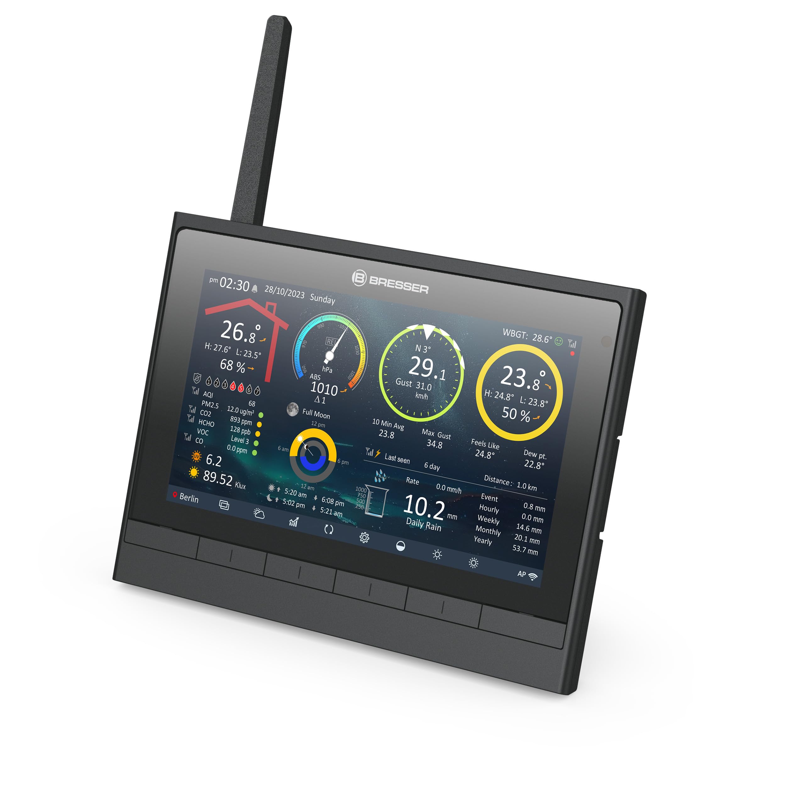 Bresser 9-in-1 MeteoChamp HD WLAN-Wetterstation mit solarbetriebenem Multisensor, Luftqualitätsanzeige, Hitzestress-Index, Datenspeicher | Innentemperatur und Außentemperatur, Luftfeuchtigkeit, Regenmesser, Windmesser, 14 Tage Wettervorhersage, App, WBGT
