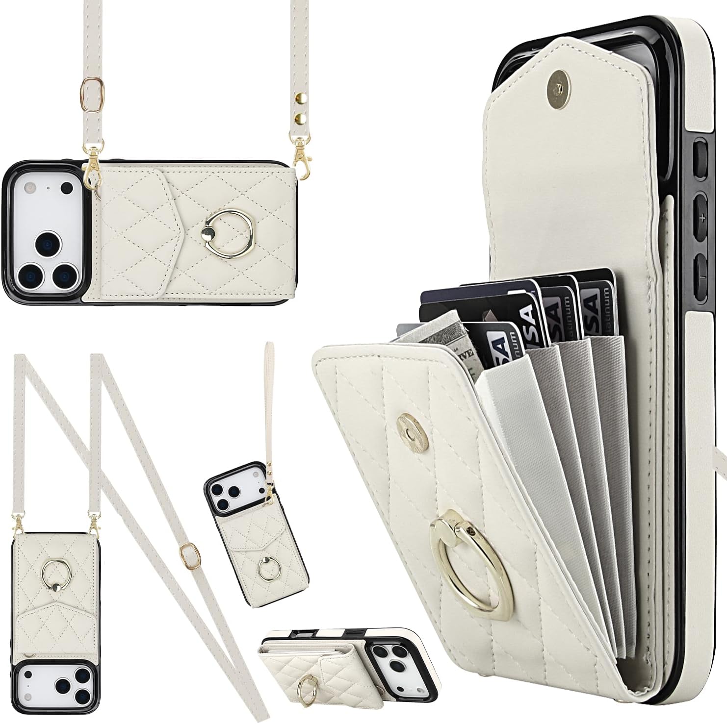 Crossbody Case for Apple 17 Pro Max with Card Holder, PU Leather with Wallet Removable Lanyard Wrist Strap Kickstand Cover for Women Girls Case for iPhone 17 Pro Max.Lanyard White