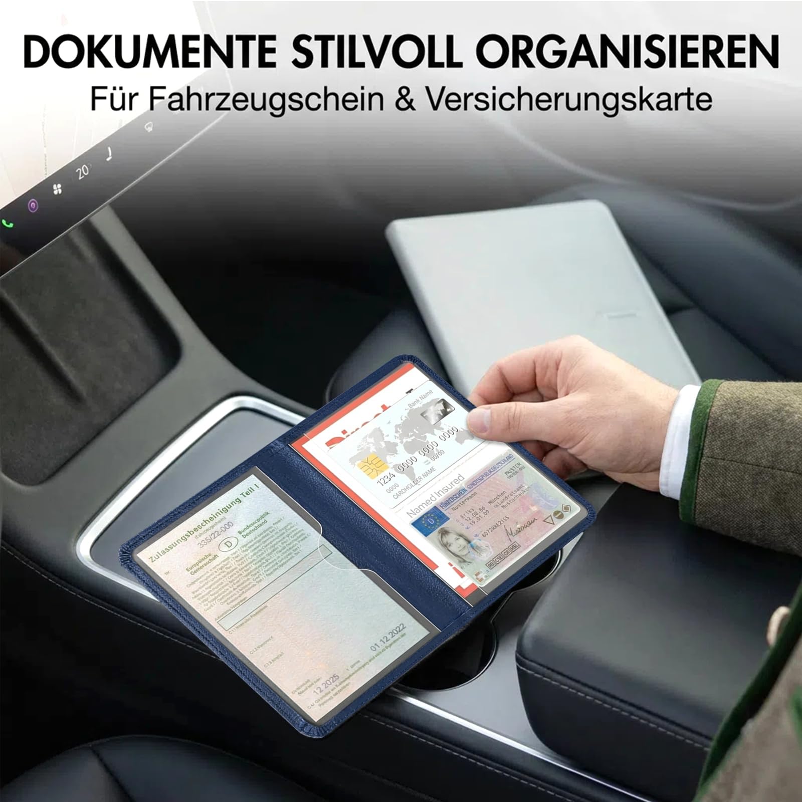Caweet Soporte para registro de coche y seguro – Organizador de guantera de coche – Portadocumentos de cuero para carné de conducir, carné de identidad y tarjetas, azul-1