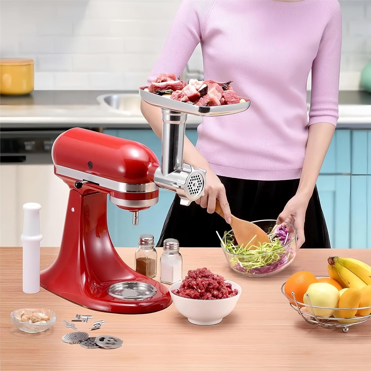 Blender Accessories, Stainless Steel Meat Grinder Attachments, Sausage Stuffer Tools for Meat Grinders, Compatible for KitchenAid Mixers