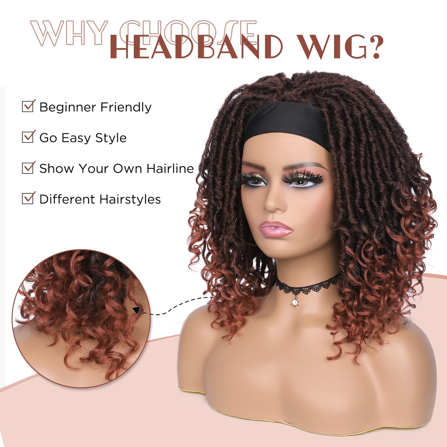 Hanne Fashion Faux Locs Headband Wig Short Dreadlock Wigs Goddess Hand Braided Twist Synthetic Wigs for Black Women Curly Dreadlock Locs Wig 1B/350#