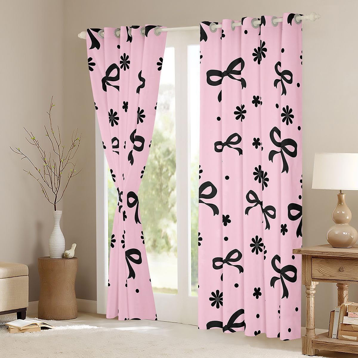 Homewish czarna różowa kokardka kawaii księżniczki zasłony okienne 117 x 137 cm, 2 zestawy paneli - kwiatowe zasłony zaciemniające kwiaty w kropki ozdoby okienne zasłony kokardka wstążka do