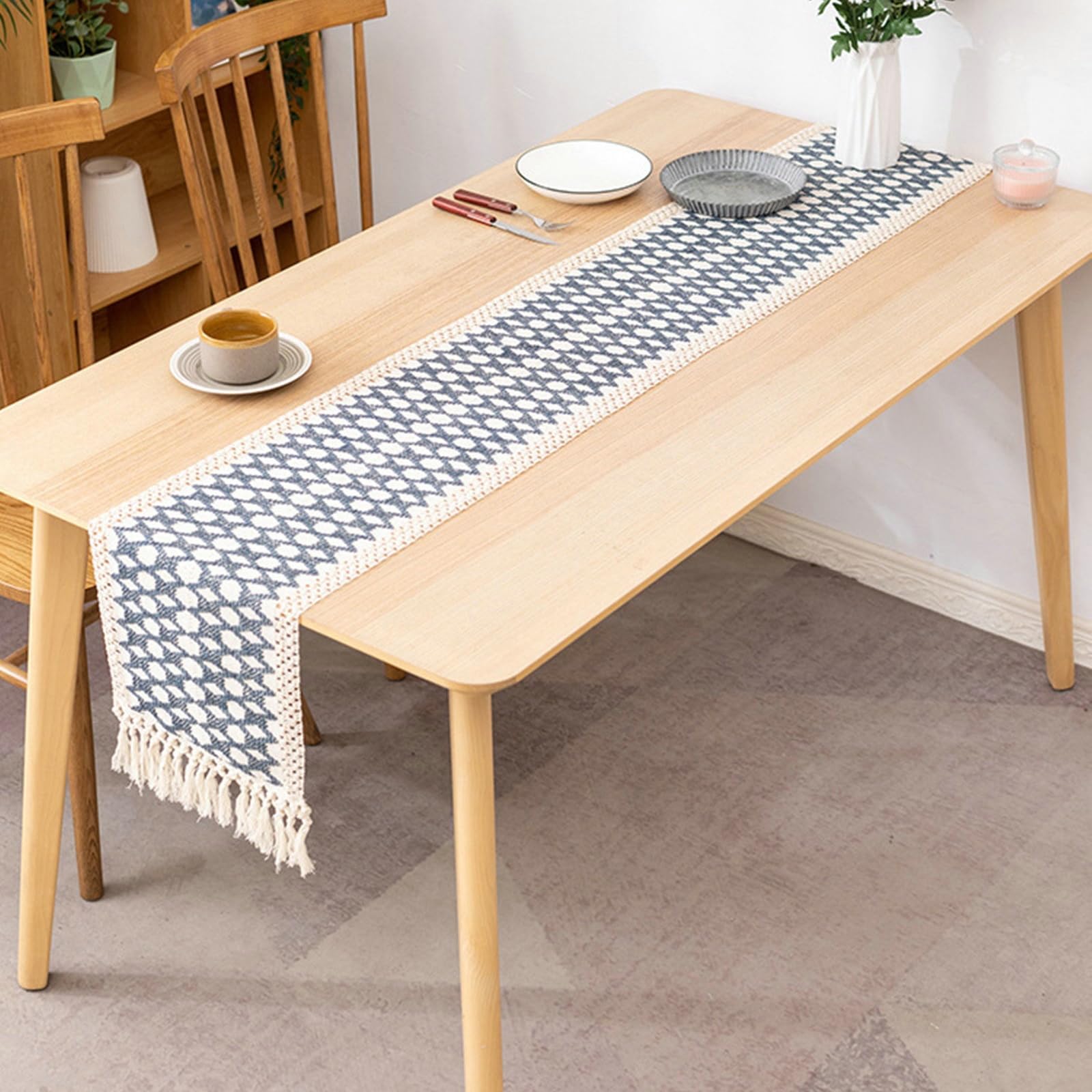 Tischläufer Polybaumwolle Modern, Tischläufer Wohnzimmer 30x330 cm, Leinenoptik, Zweifarbig Gewebt mit Quasten