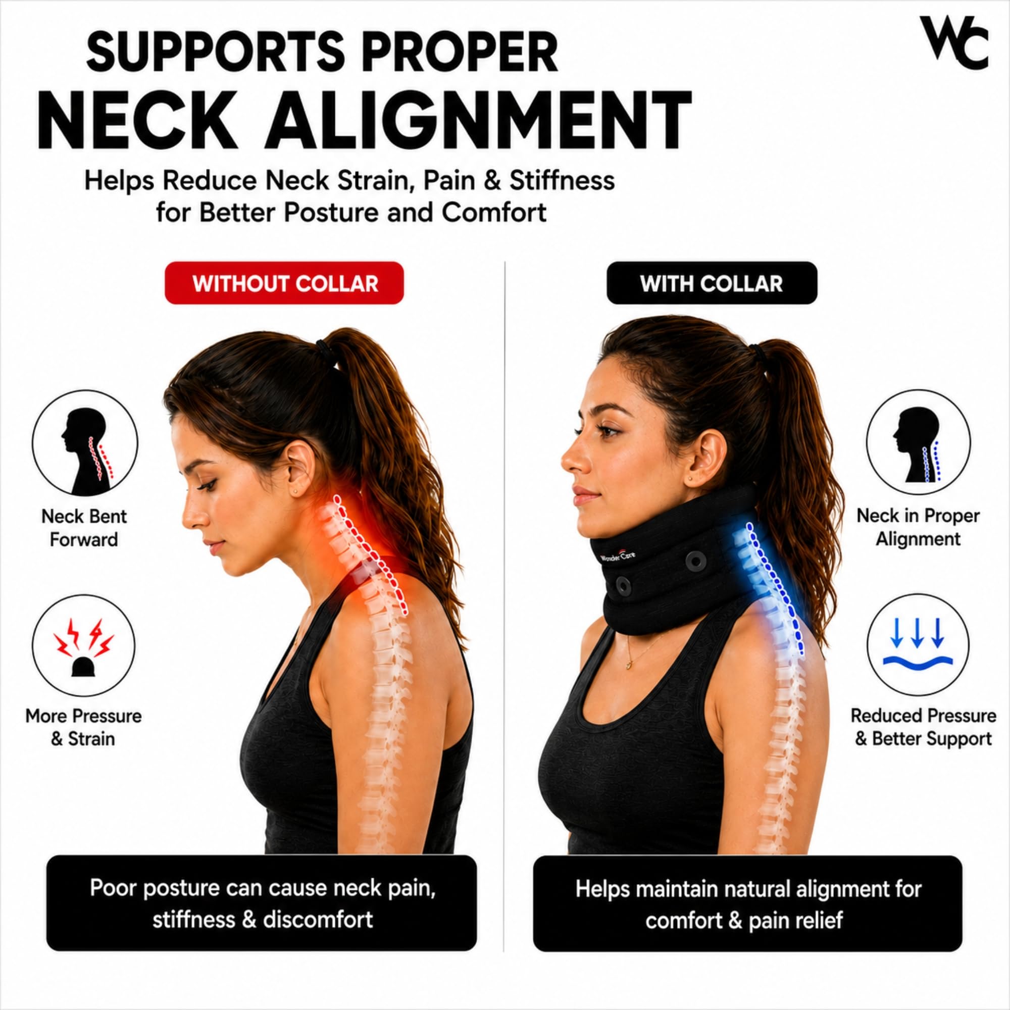 Wonder Care Halskrause zum Schlafen, verstellbare Halskrause, Nackenstütze, weiche Halskrause gegen Nackenschmerzen und zur Unterstützung für Frauen und Männer - schwarz_XXL