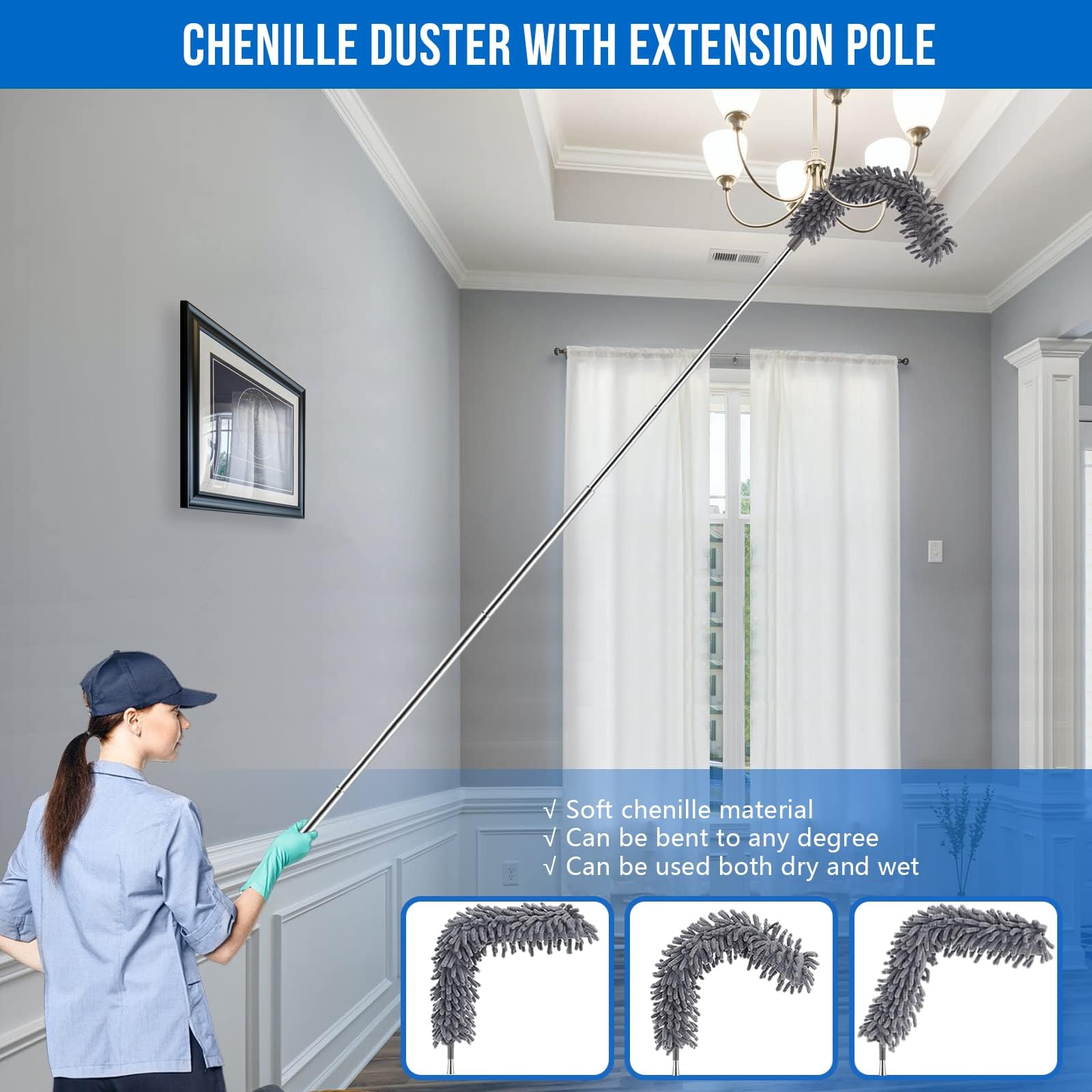 Dusters Cepillo de limpieza, limpiador retráctil de microfibra con barra de extensión, 76,2 cm a 254,4 cm, plumero plegable reutilizable, plumero para limpieza del ventilador