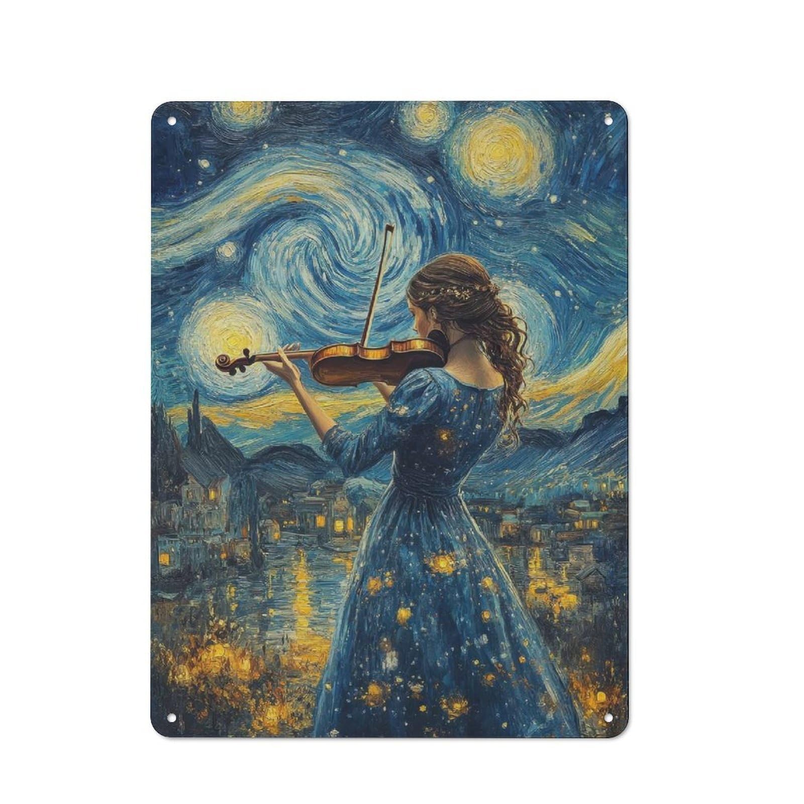 Junmoney Starry Night Violinist 40X30cm Rustic Metal Sign With For Hobby Room Or Studio, Metal Sign Decor For Hobby Rooms And Studios