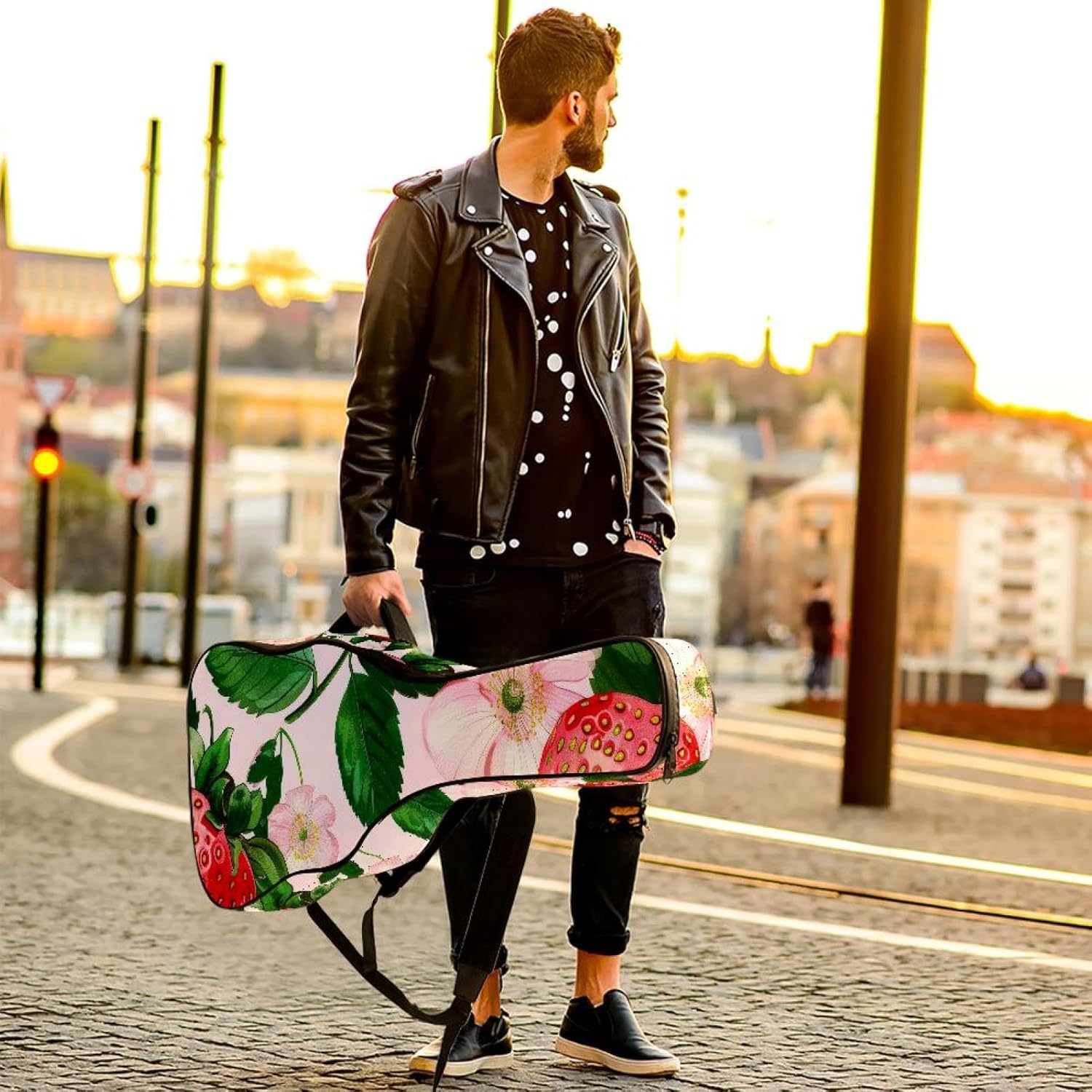 Acoustic Guitar Gig Bag 10mm Thick Padding, Soft Waterproof Guitar Case with Adjustable Backpack Straps for 40-42 Inch Guitar, Cute Strawberries Red Fruit Flowers Plant